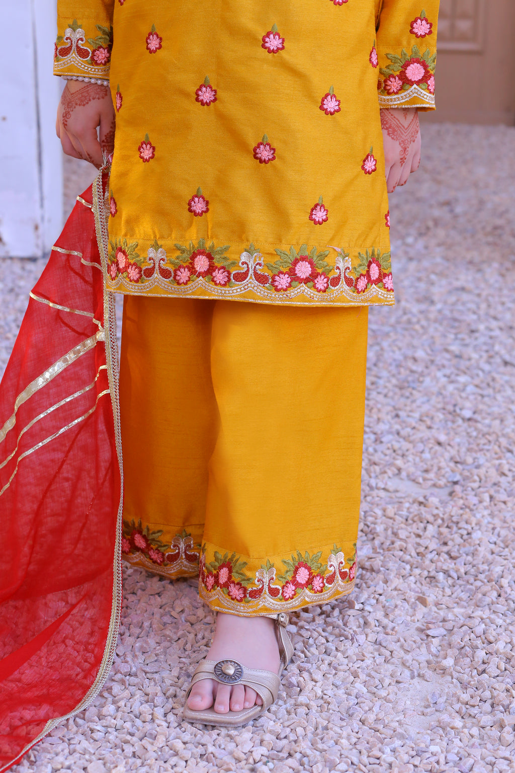 3 piece Mustered Raw Silk Embroidered Plazo Suit with Reddish Maroon Chiffon Dupatta & Golden Laces.(Stitch)