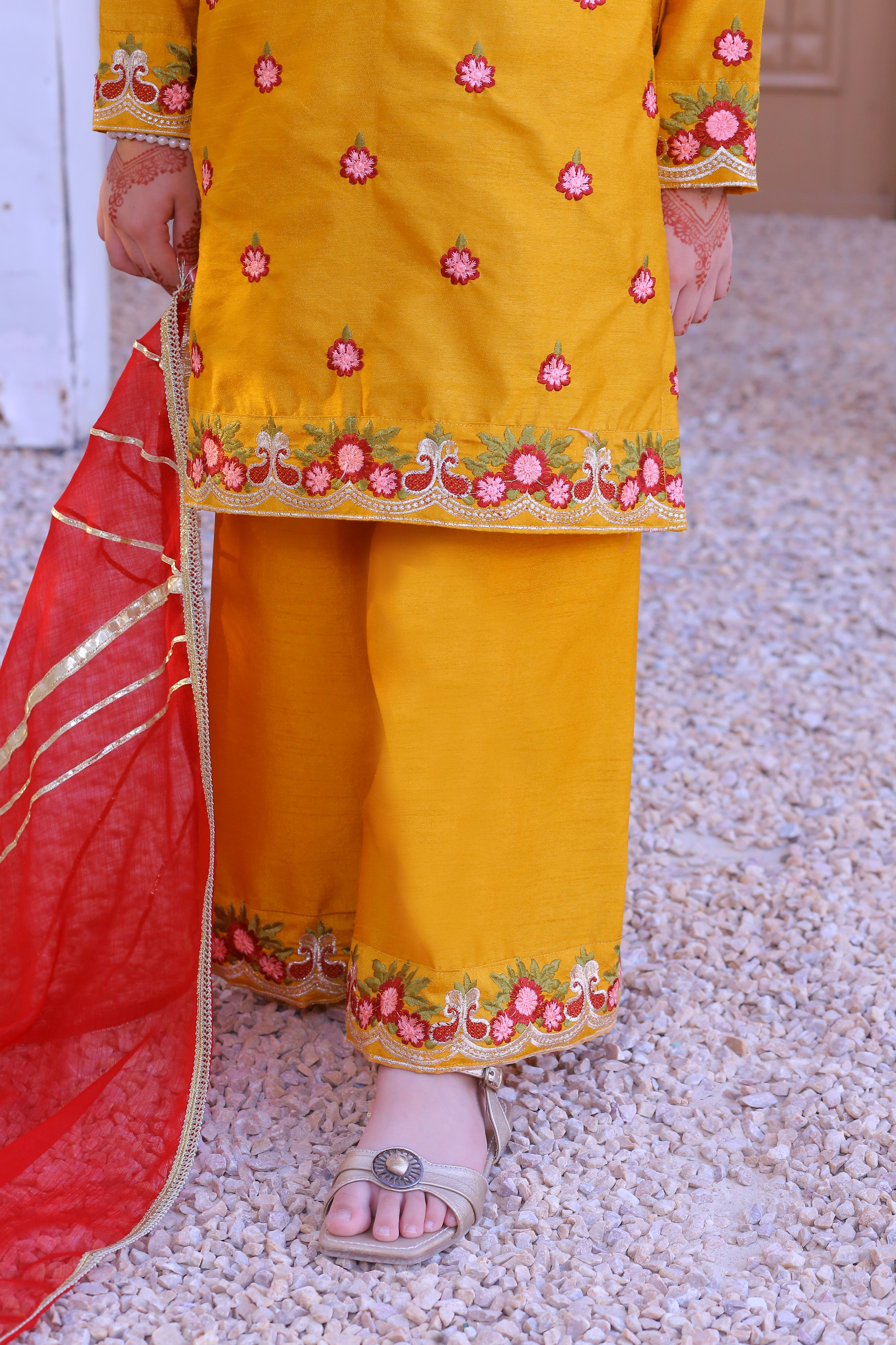 3 piece Mustered Raw Silk Embroidered Plazo Suit with Reddish Maroon Chiffon Dupatta & Golden Laces.(Stitch)