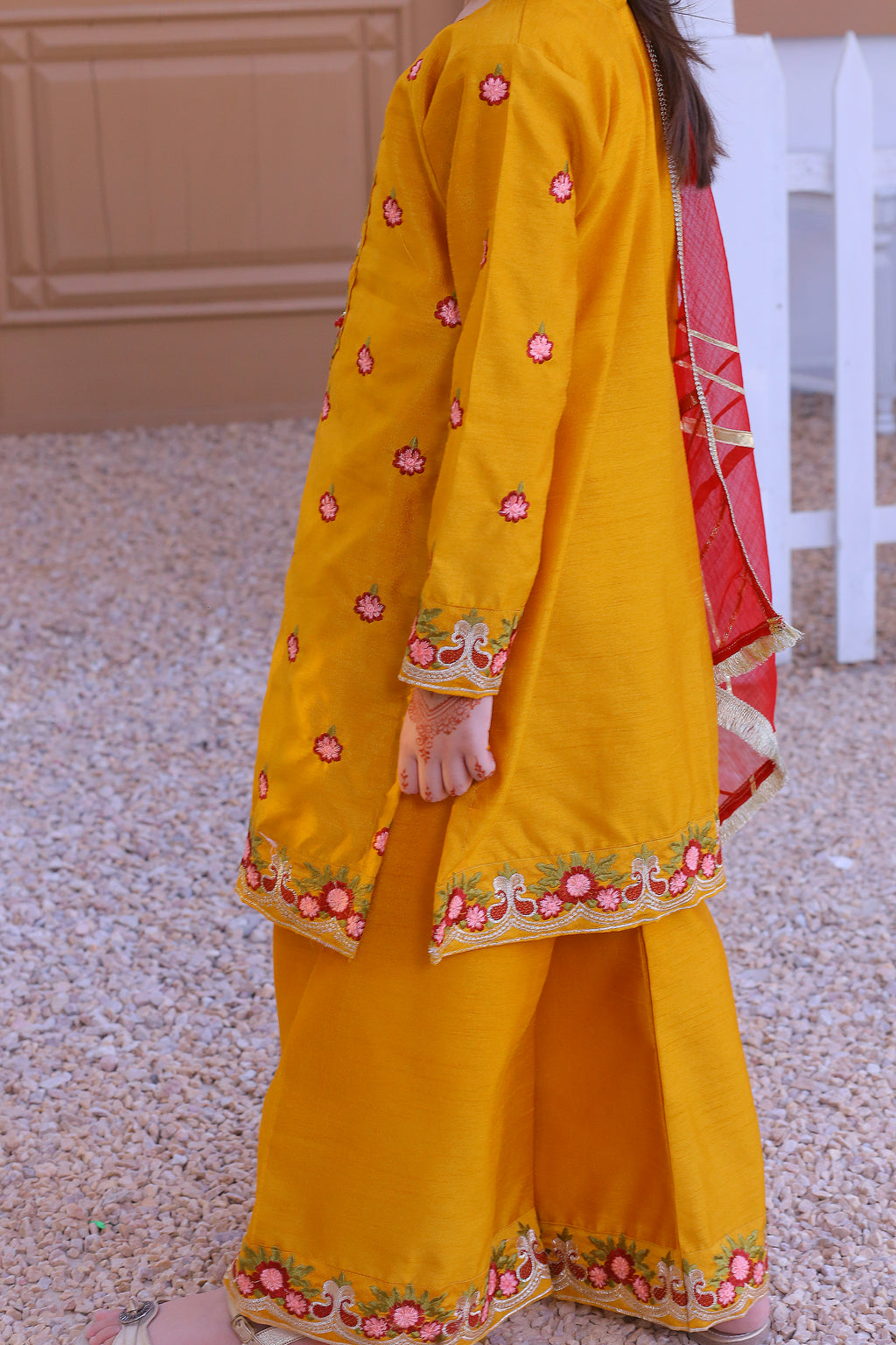 3 piece Mustered Raw Silk Embroidered Plazo Suit with Reddish Maroon Chiffon Dupatta & Golden Laces.(Stitch)