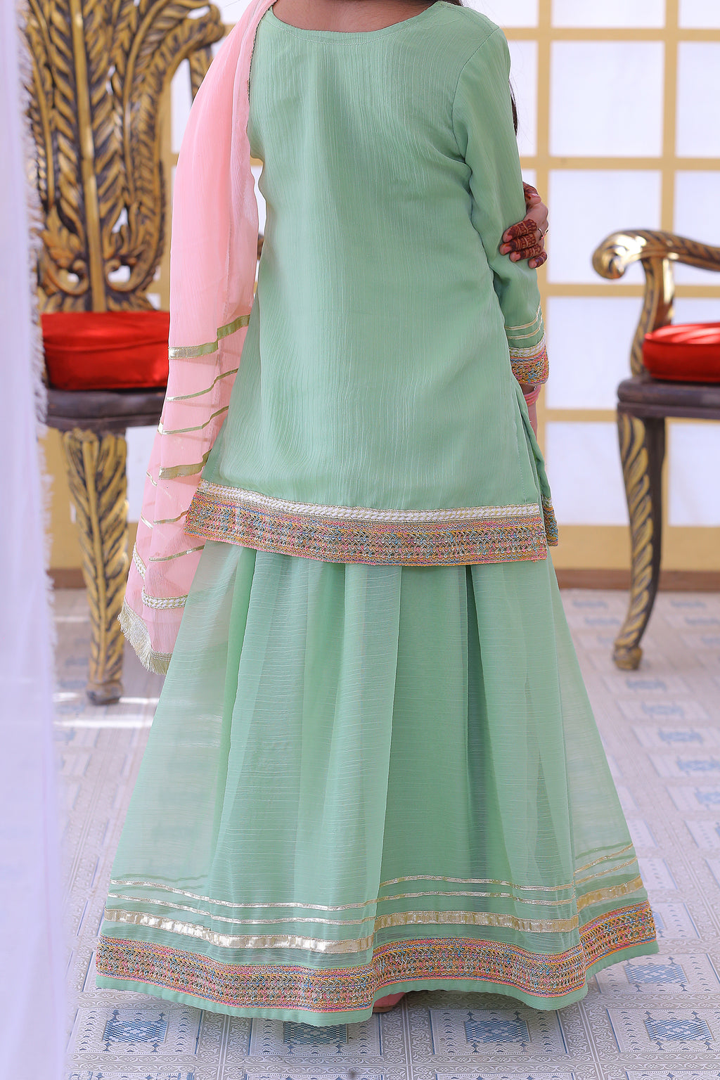 3 piece Pistachio Green Chiffon Lehenga Suit with Baby Pink Chiffon Dupatta & Multicolor & Golden Laces .(Stitch)