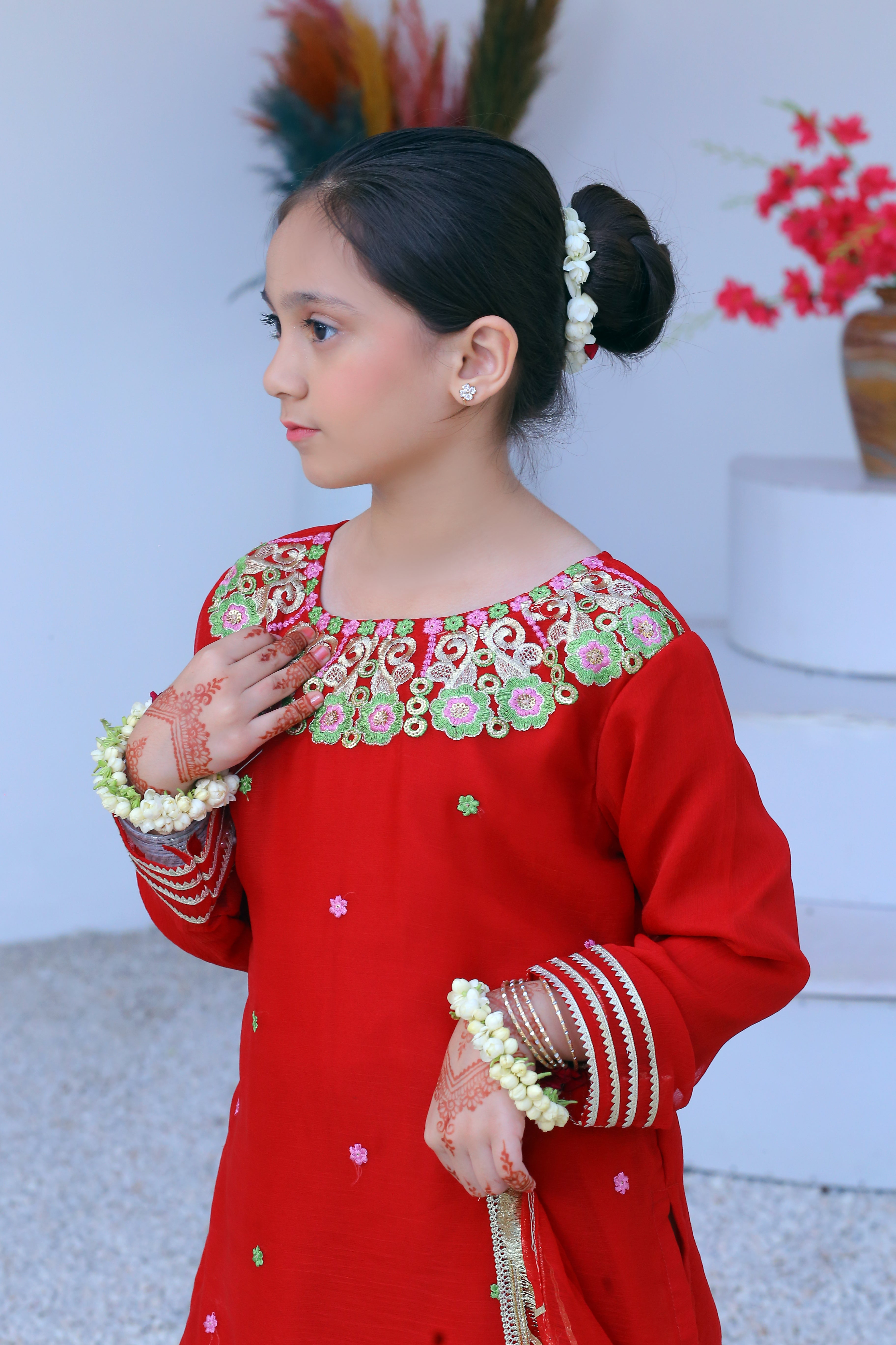 3 piece Beautiful Reddish Maroon Chiffon Embroidery Gharara Suit with Pistachio Green Embroidery Crush Gharara & Pistachio Green Chiffon Dupatta & Golden Laces.(Stitch).