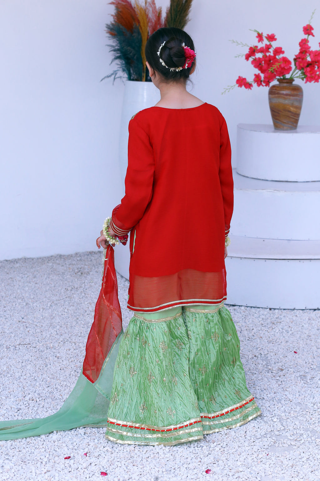 3 piece Beautiful Reddish Maroon Chiffon Embroidery Gharara Suit with Pistachio Green Embroidery Crush Gharara & Pistachio Green Chiffon Dupatta & Golden Laces.(Stitch).