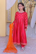 3 piece Shocking Pink Silver Embroidery Raw Silk Frock Suit with Dull Silk Trouser & Orange Chiffon Dupatta & Silver Laces.(Stitch)