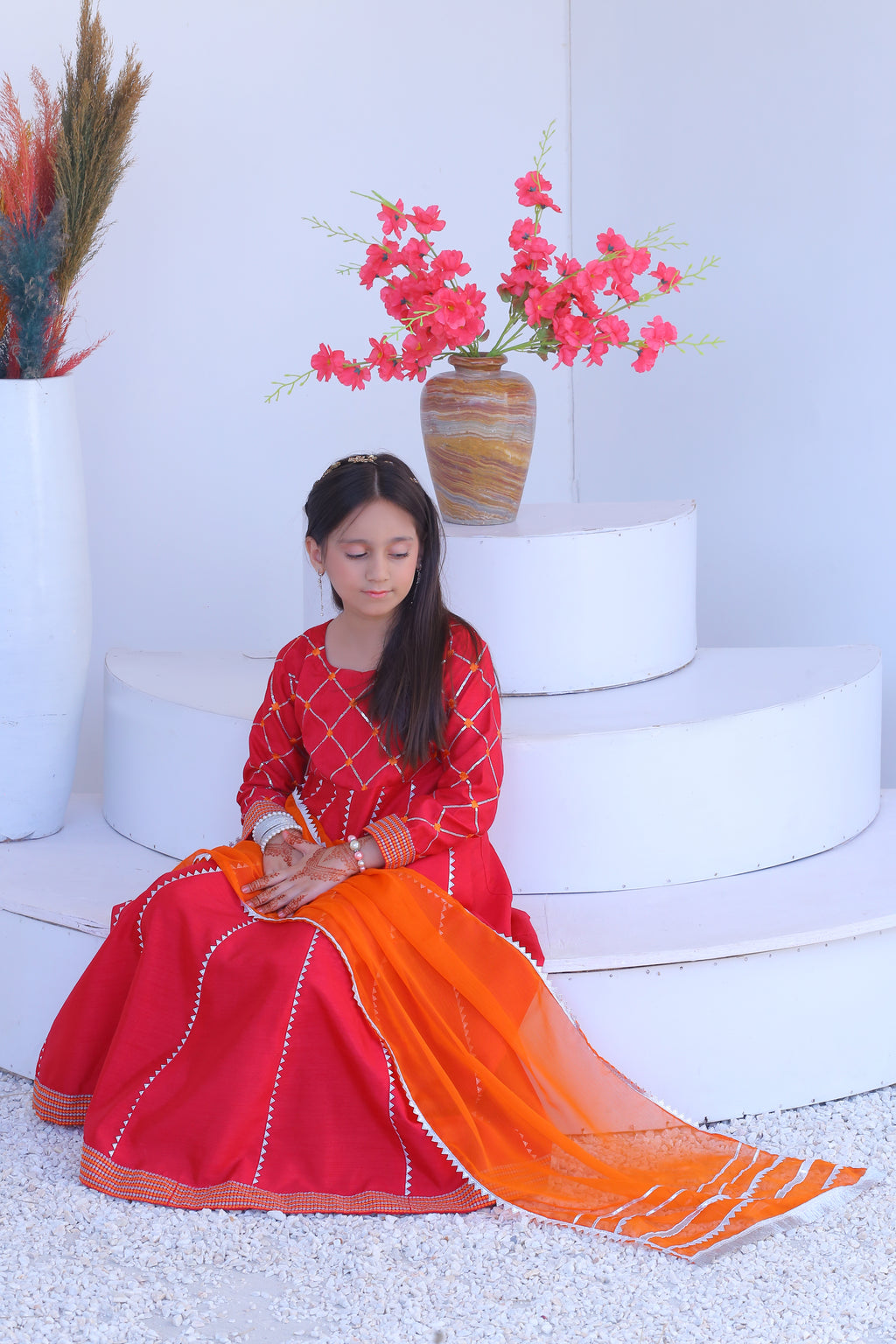 3 piece Shocking Pink Silver Embroidery Raw Silk Frock Suit with Dull Silk Trouser & Orange Chiffon Dupatta & Silver Laces.(Stitch)