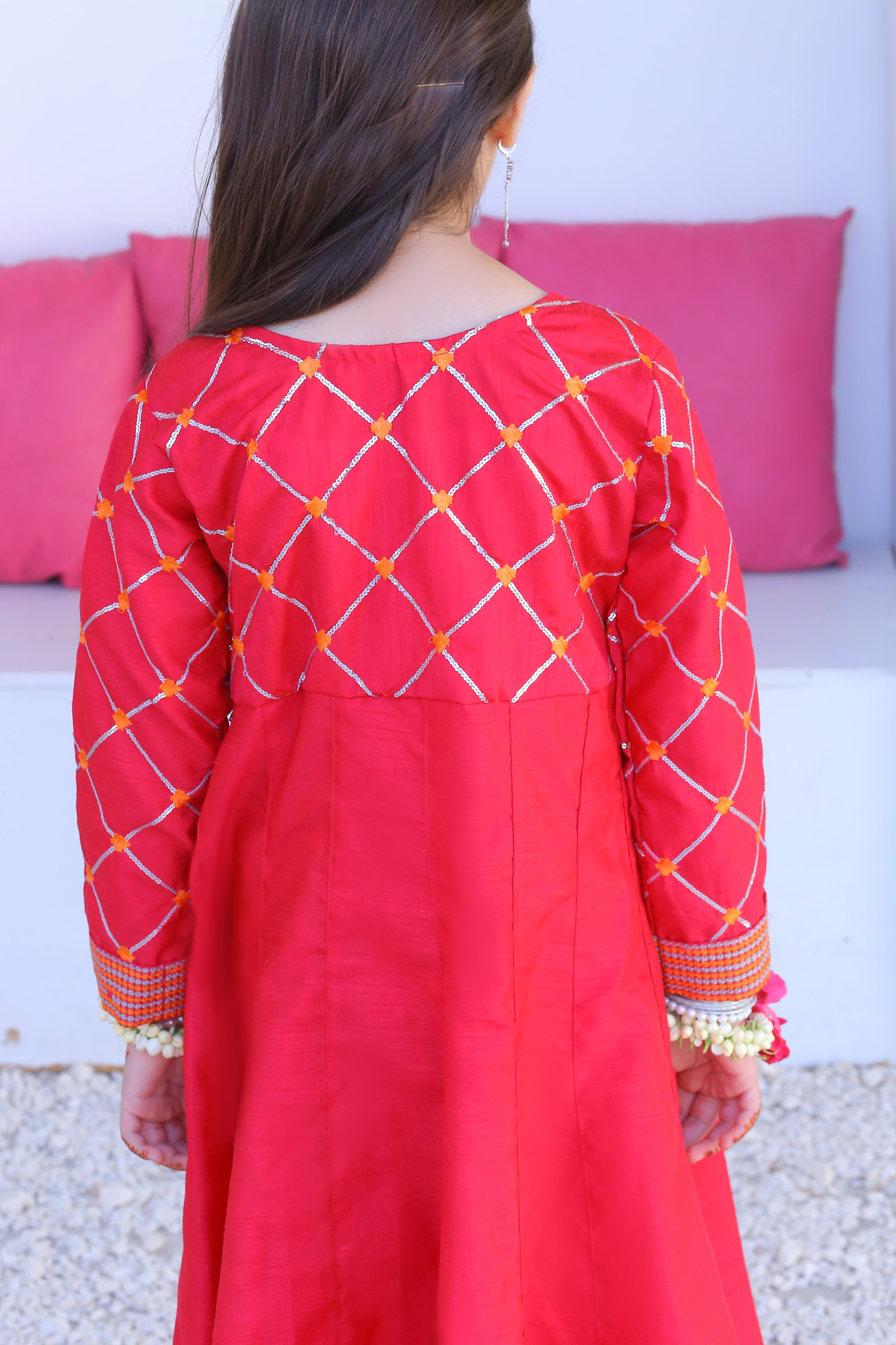 3 piece Shocking Pink Silver Embroidery Raw Silk Frock Suit with Dull Silk Trouser & Orange Chiffon Dupatta & Silver Laces.(Stitch)