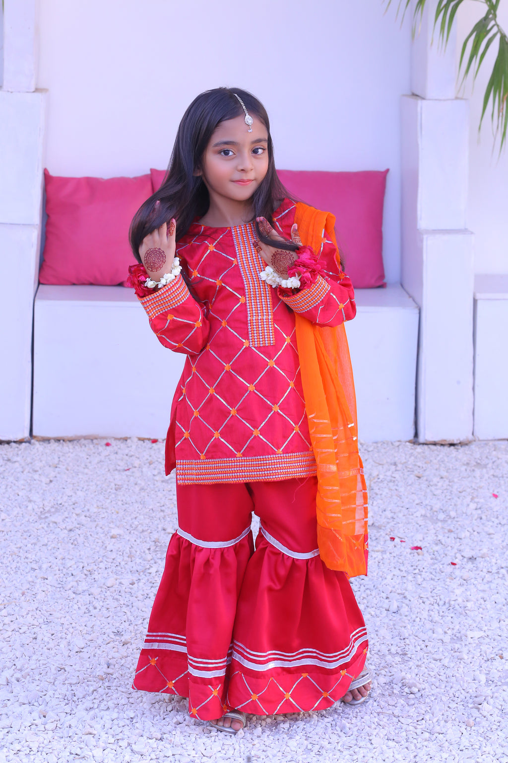 3 piece Stunning Shocking Pink Silver Embroidery Raw Silk Gharara Suit with Orange Chiffon Dupatta & Silver Laces.(Stitch)