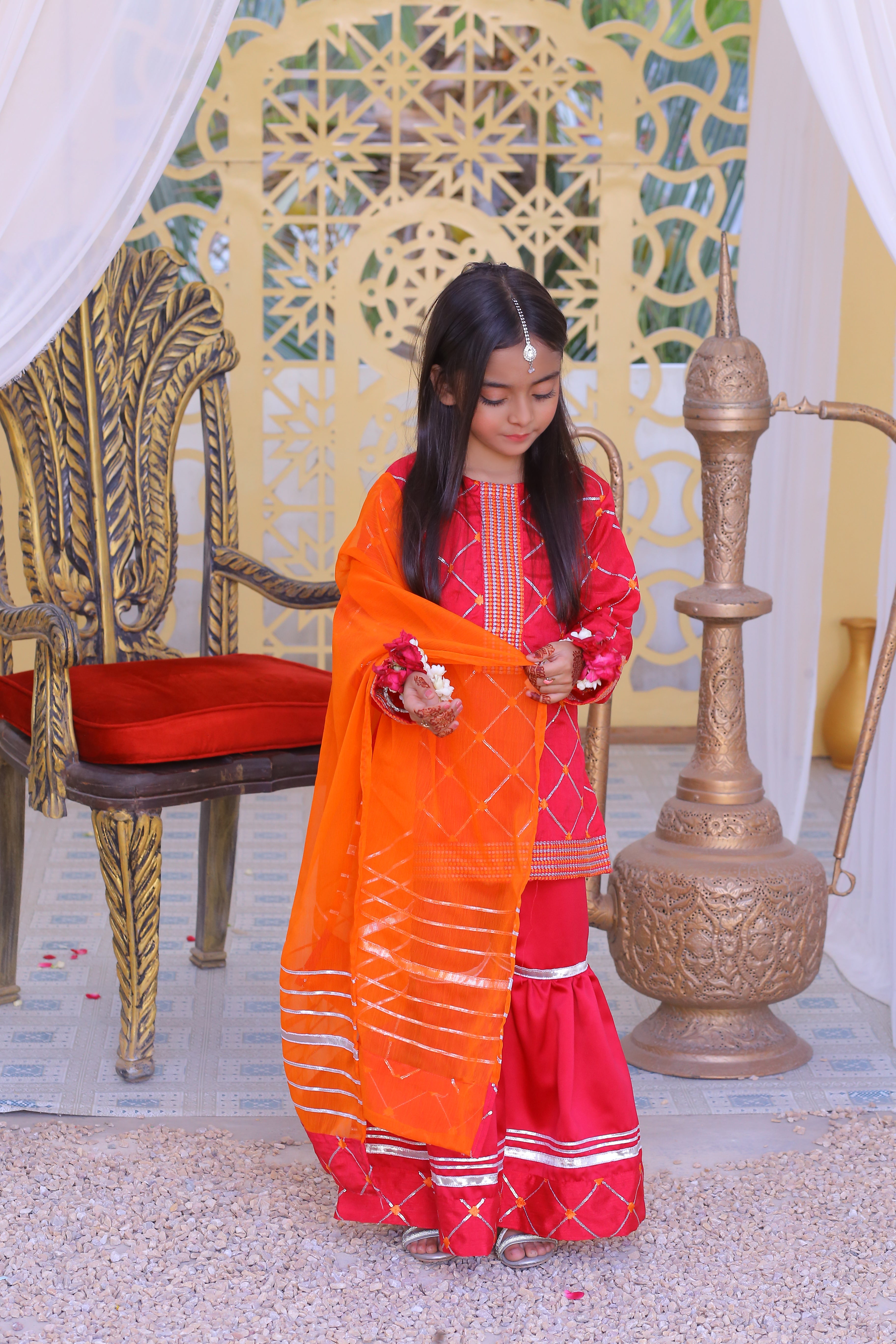 3 piece Stunning Shocking Pink Silver Embroidery Raw Silk Gharara Suit with Orange Chiffon Dupatta & Silver Laces.(Stitch)