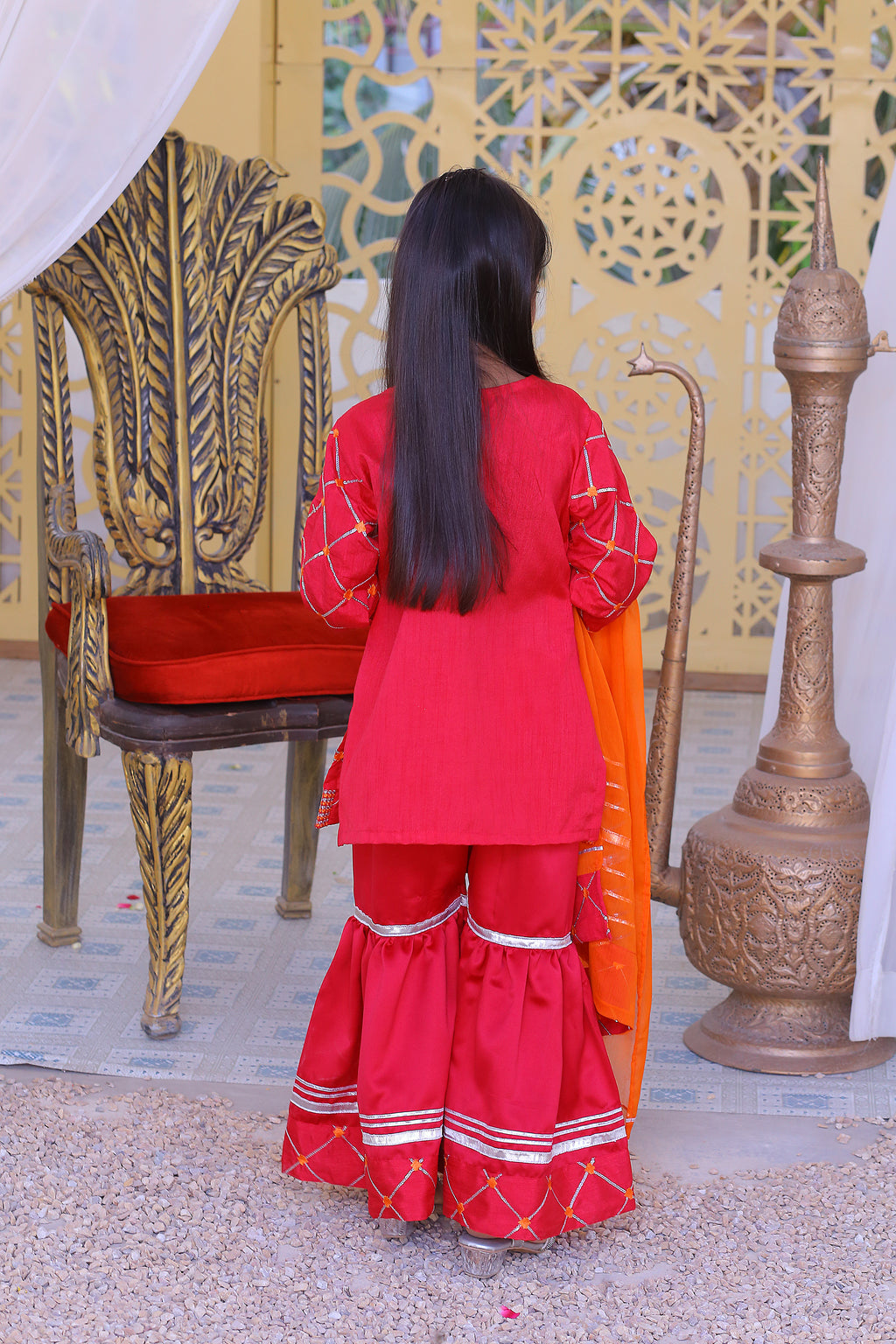 3 piece Stunning Shocking Pink Silver Embroidery Raw Silk Gharara Suit with Orange Chiffon Dupatta & Silver Laces.(Stitch)