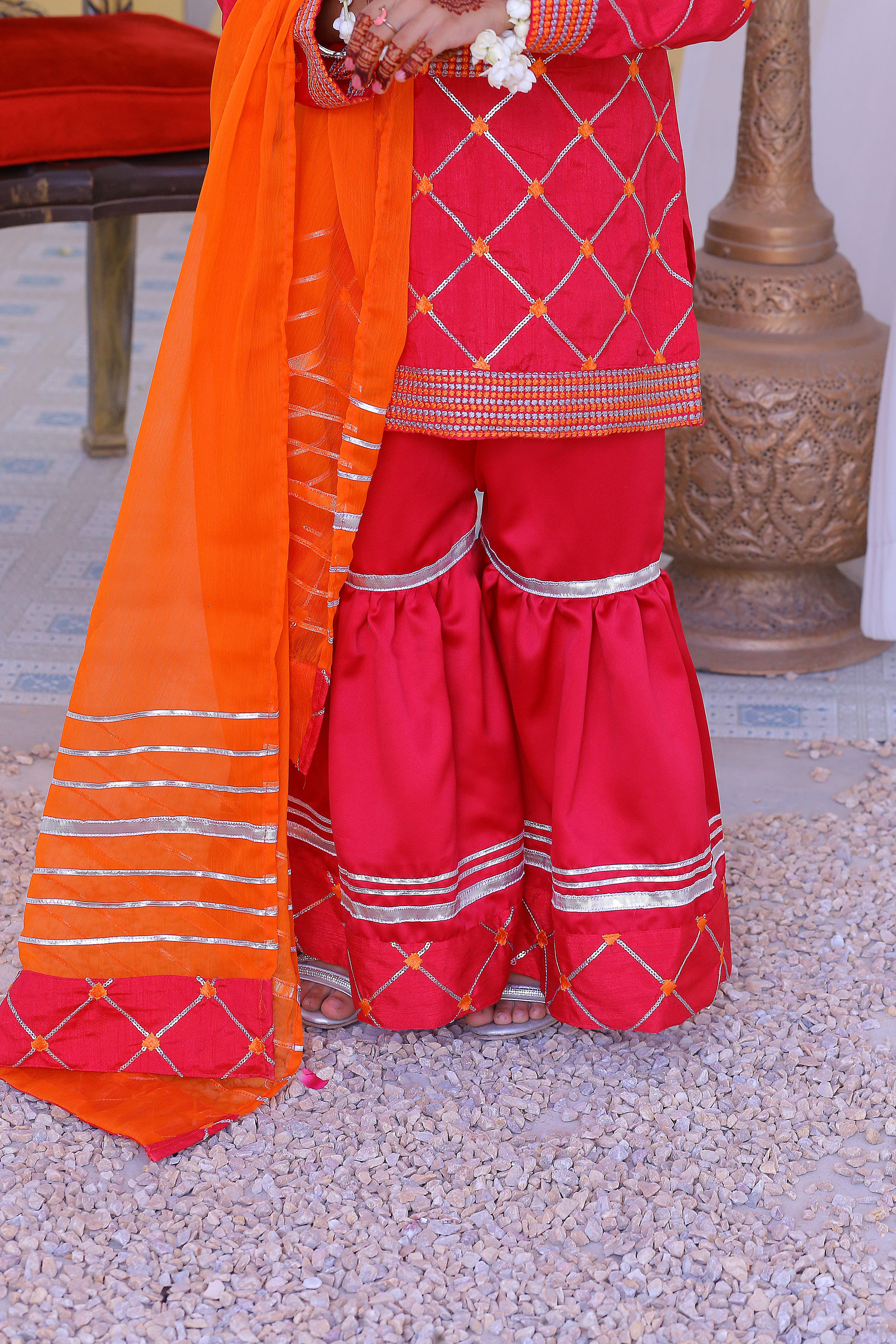 3 piece Stunning Shocking Pink Silver Embroidery Raw Silk Gharara Suit with Orange Chiffon Dupatta & Silver Laces.(Stitch)