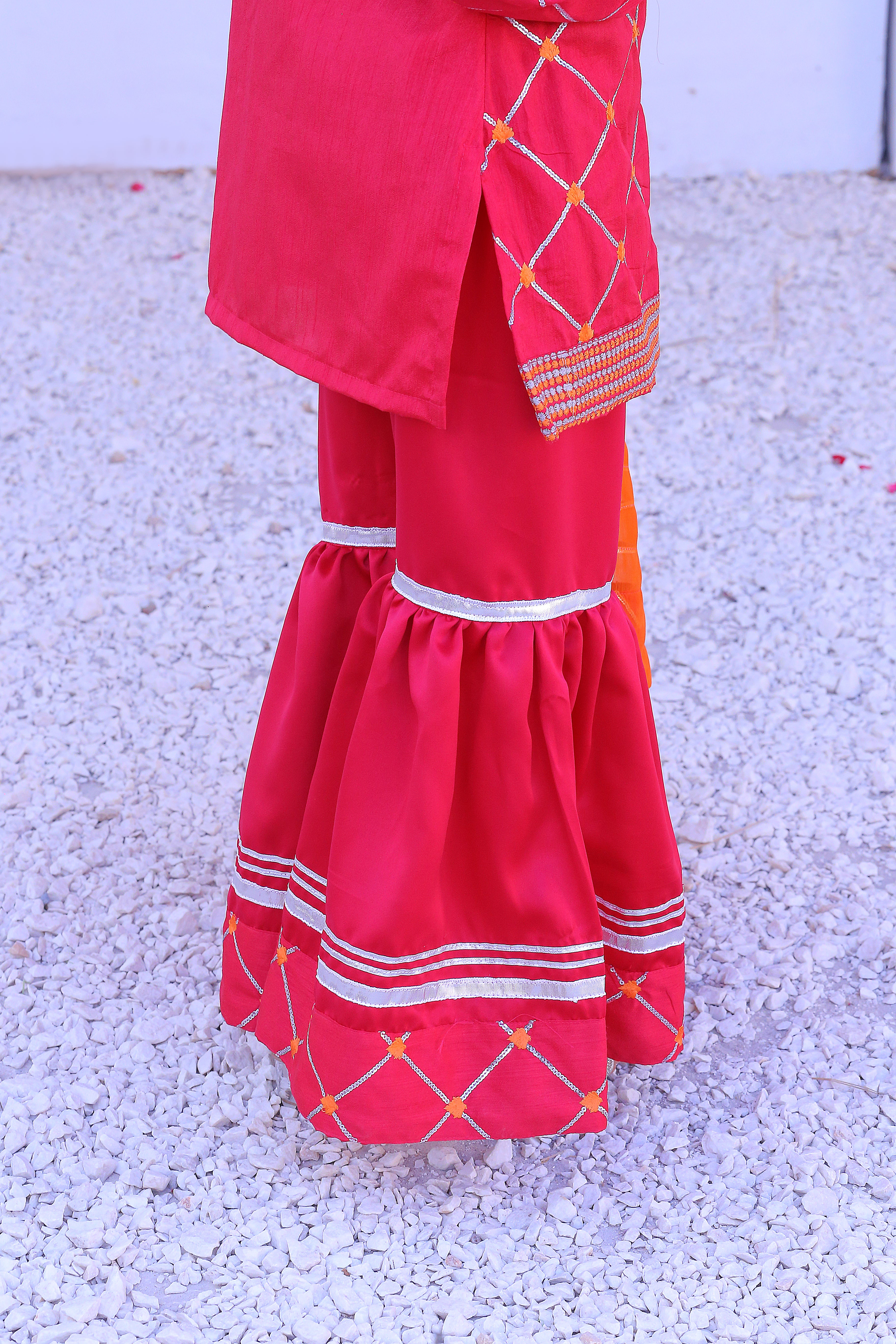 3 piece Stunning Shocking Pink Silver Embroidery Raw Silk Gharara Suit with Orange Chiffon Dupatta & Silver Laces.(Stitch)