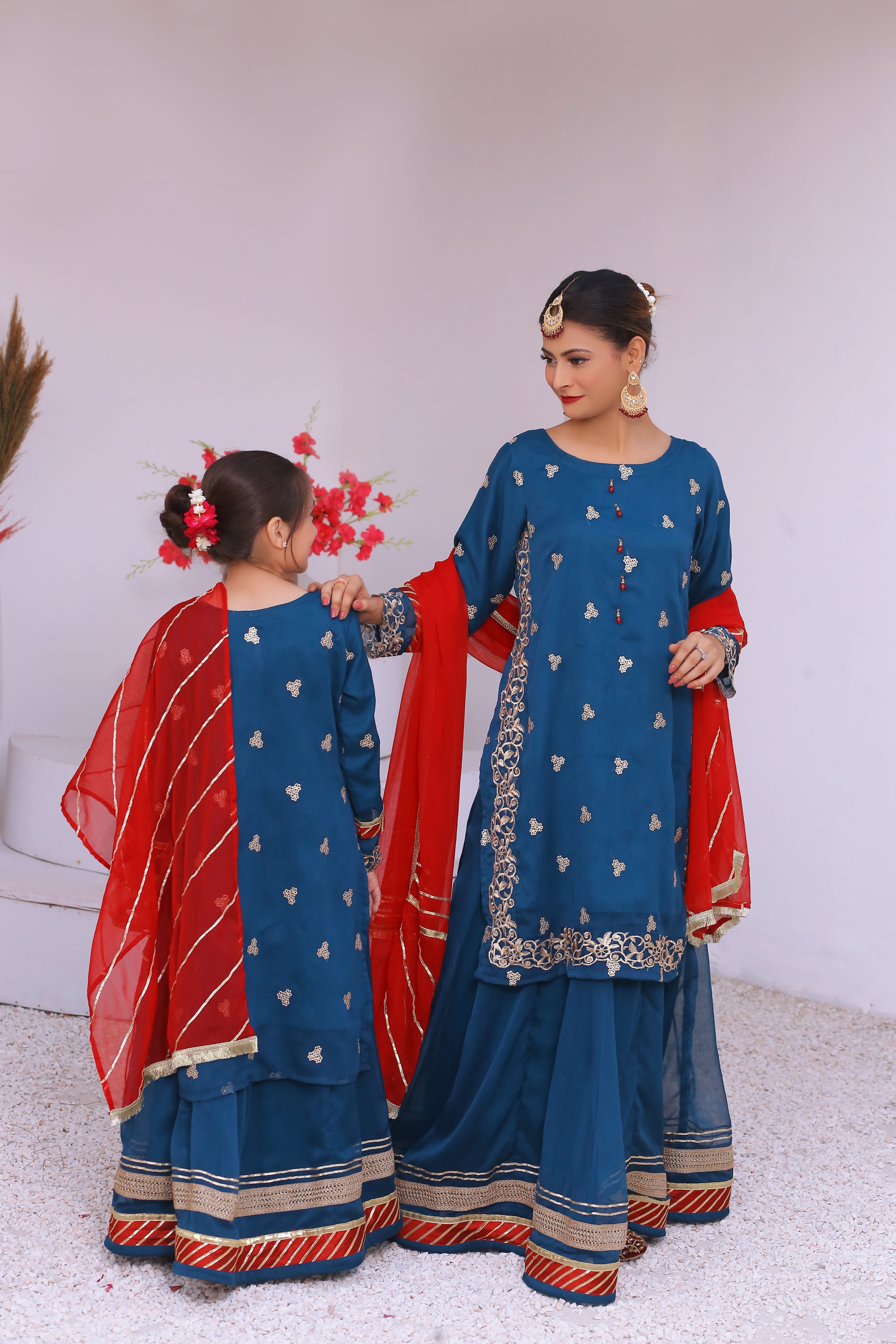 3 piece Peacock Embroidered Chiffon Long Shirt Lehenga Suit With Reddish Maroon Chiffon Dupatta & Golden Laces.(Stitch)