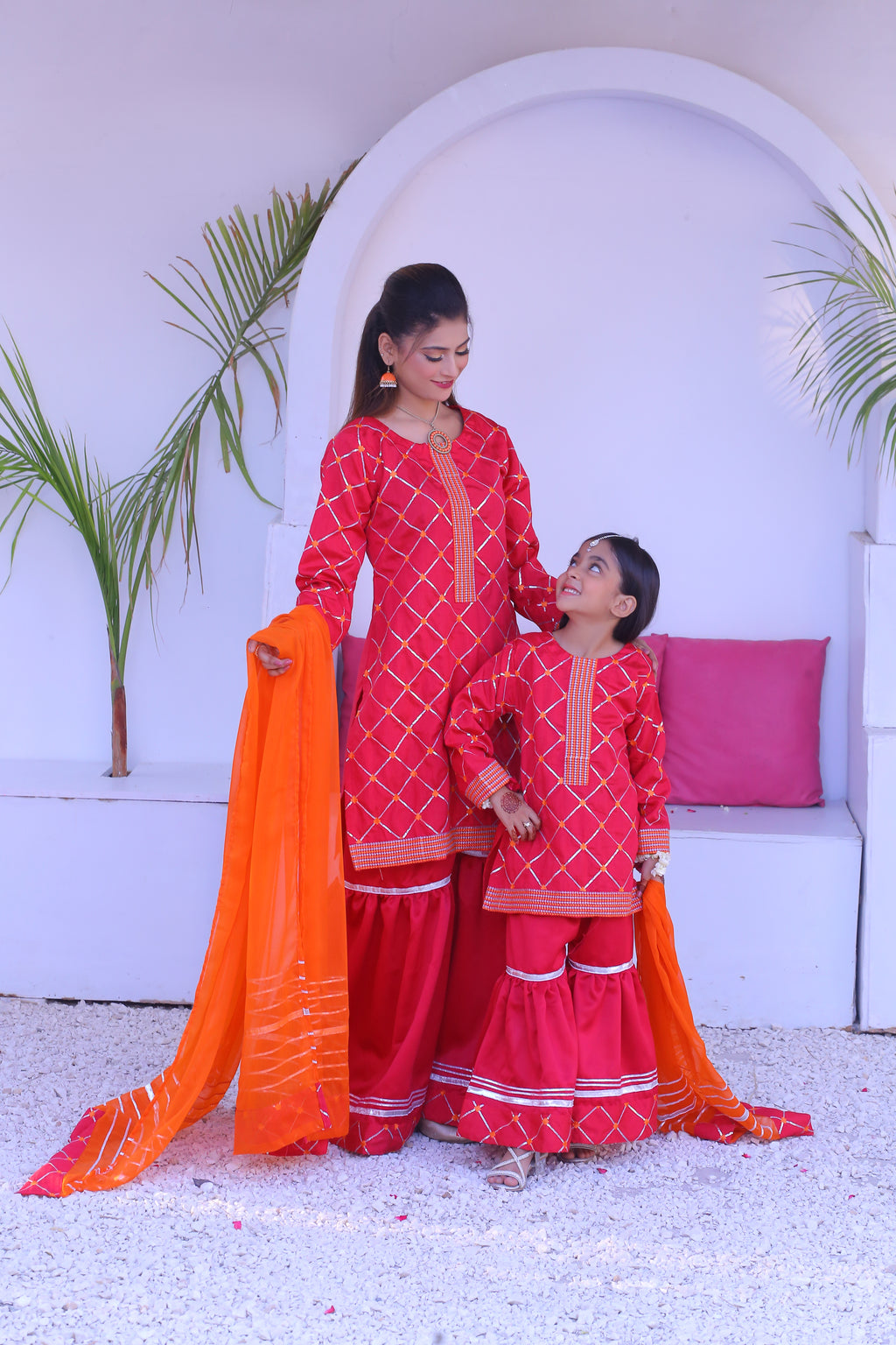 3 piece Stunning Shocking Pink Silver Embroidery Raw Silk Gharara Suit with Orange Chiffon Dupatta & Silver Laces.(Stitch)