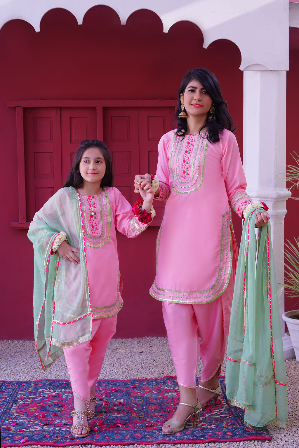 3 piece Baby Pink Embroidered Cotton Tulip Suit with Pistachio Green Chiffon Dupatta & Laces.(Stitch).