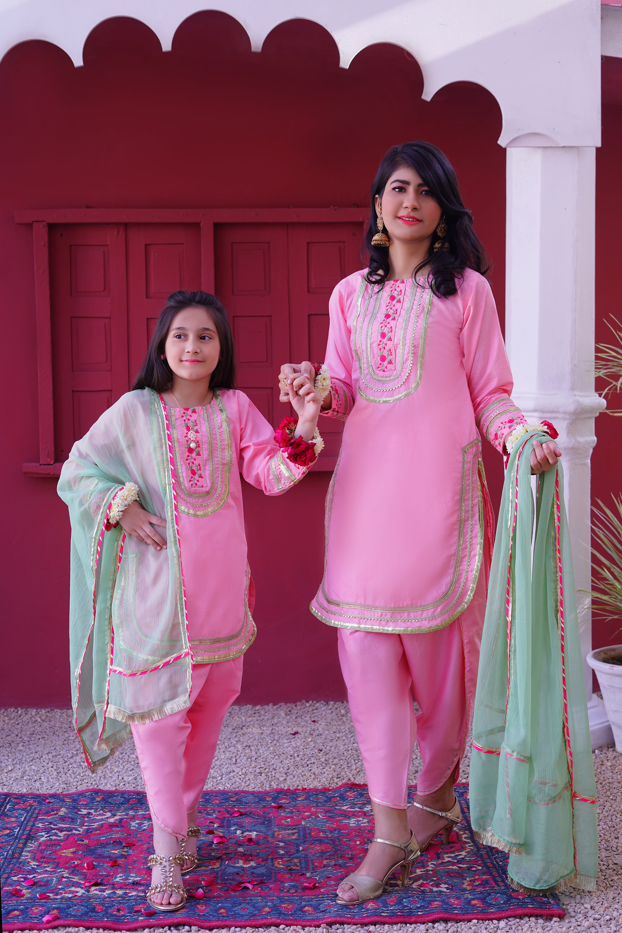 3 piece Baby Pink Embroidered Cotton Tulip Suit with Pistachio Green Chiffon Dupatta & Laces.(Stitch).