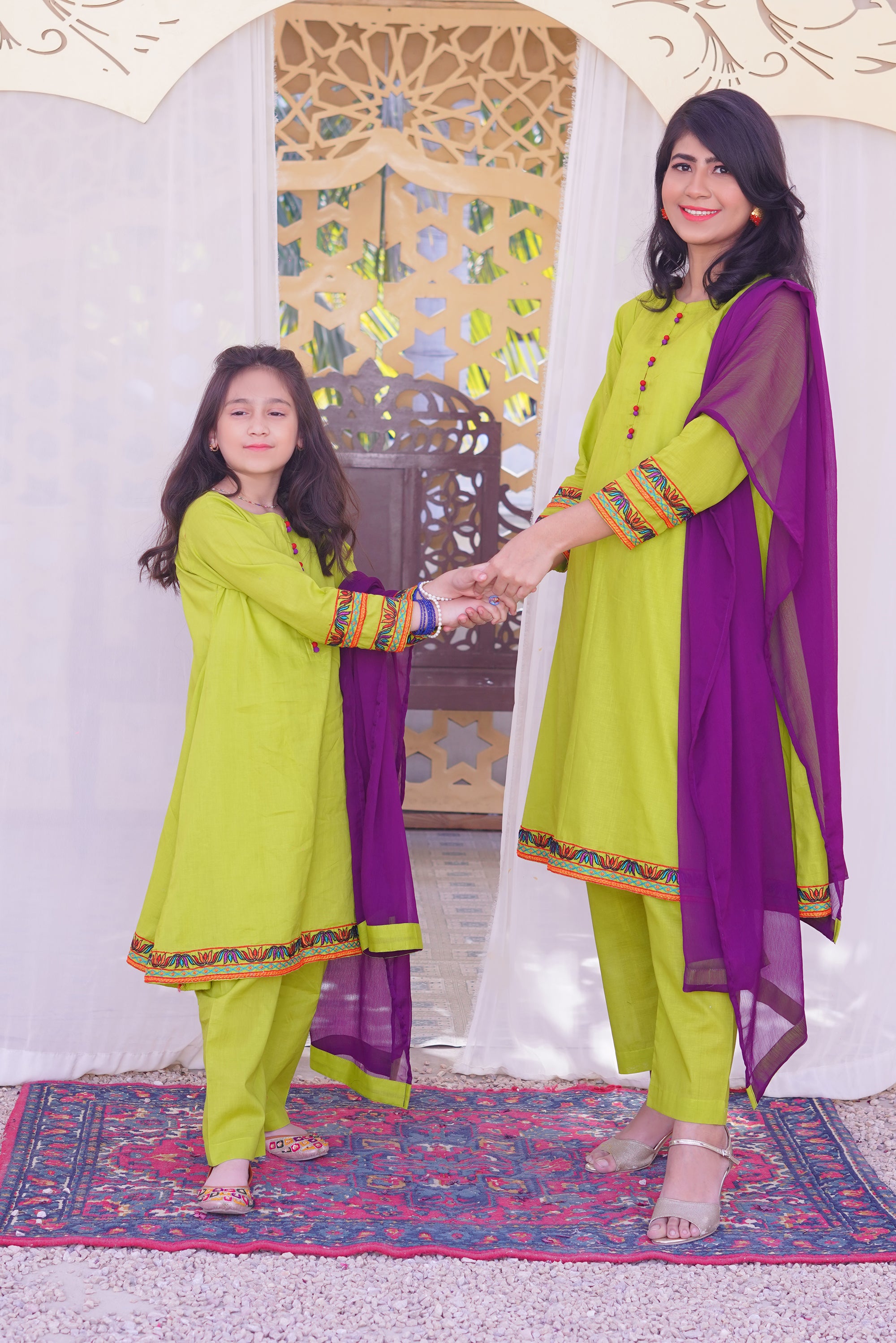 3 piece Dhani(Green) Embroidered Cotton Airline Frock Suit with Purple Chiffon Dupatta & Laces.(Stitch).