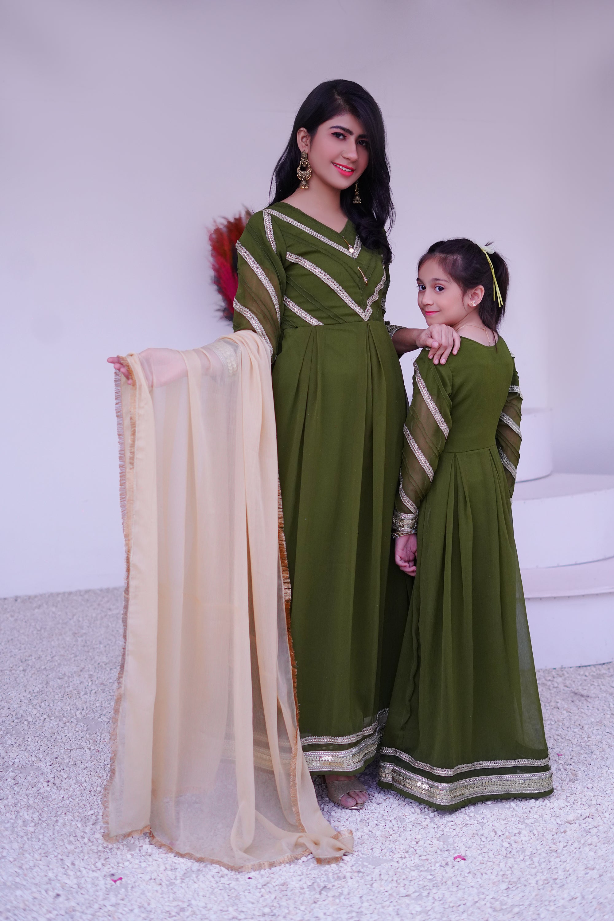 3 piece Mehdi Green Chiffon MAXI with Golden Chiffon Dupatta & Laces with Tussles.(Stitch)