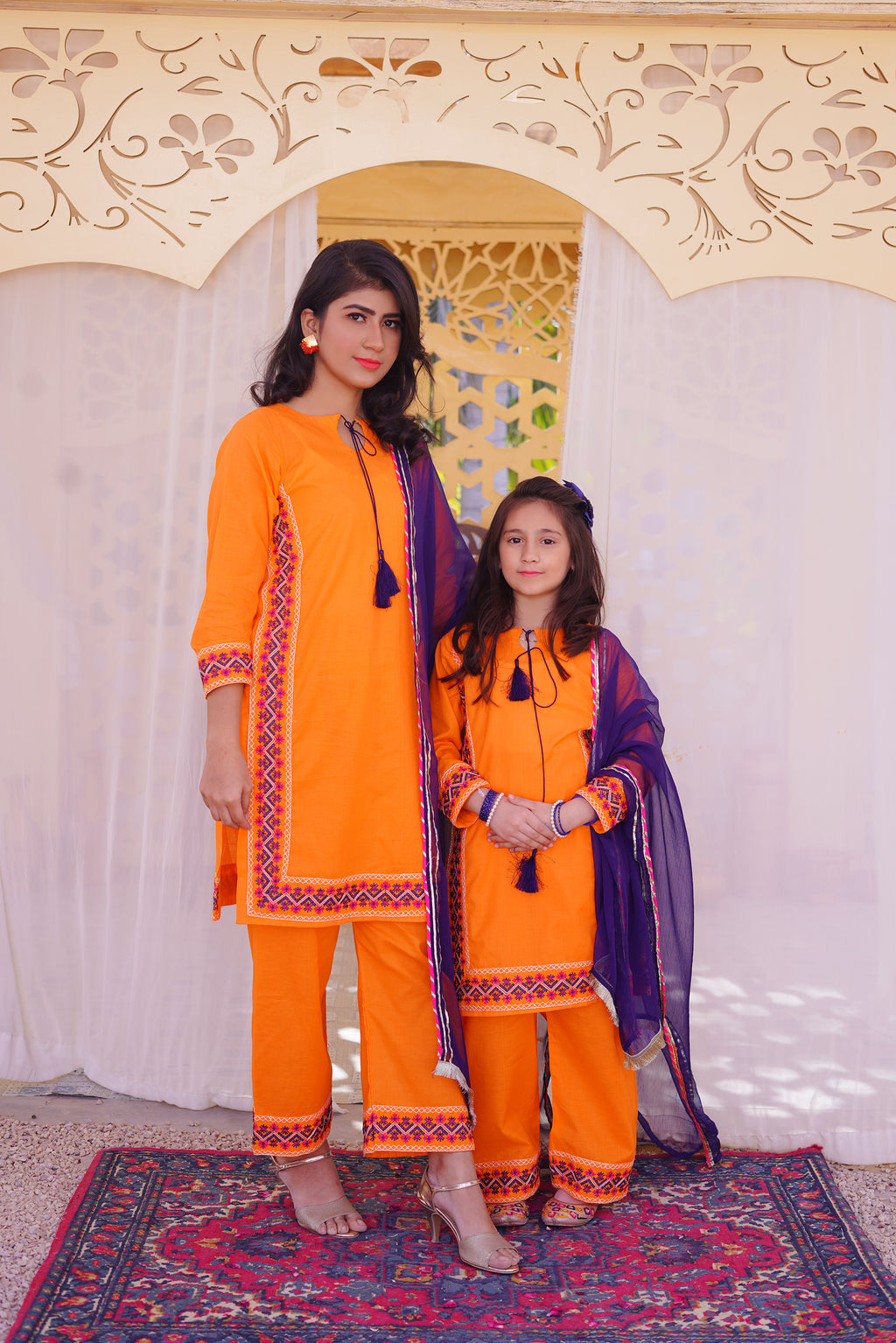3 piece Orange Embroidered Cotton Palazzo Suit with Navy Blue Chiffon Dupatta & Laces.(Stitch).