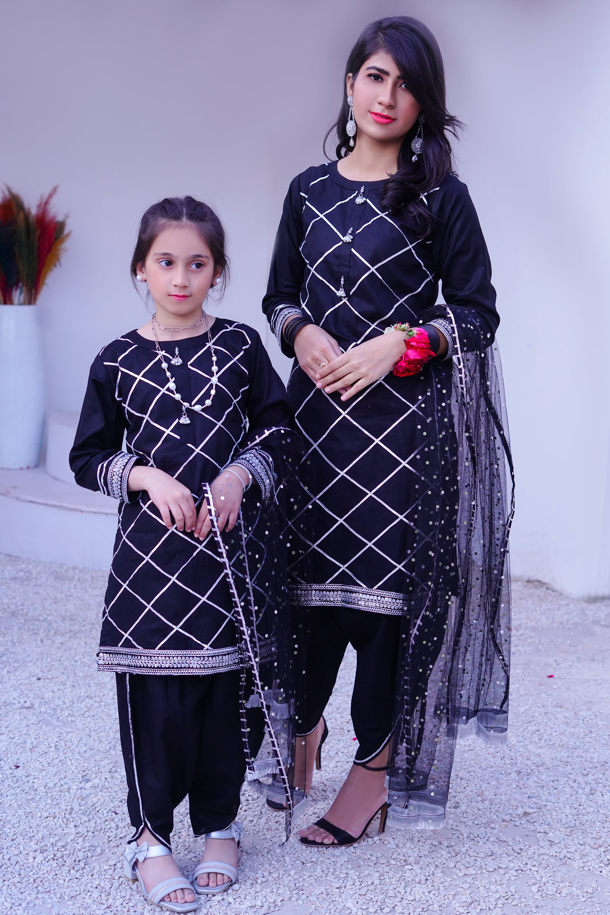 3 piece BLACK JET Cotton Tulip Suit with Black Silver net Dupatta & Silver Laces.(Stitch).