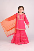 3 piece Shocking Pink Cotton Gharara Suit with Orange net Dupatta & Laces.(Stitch).