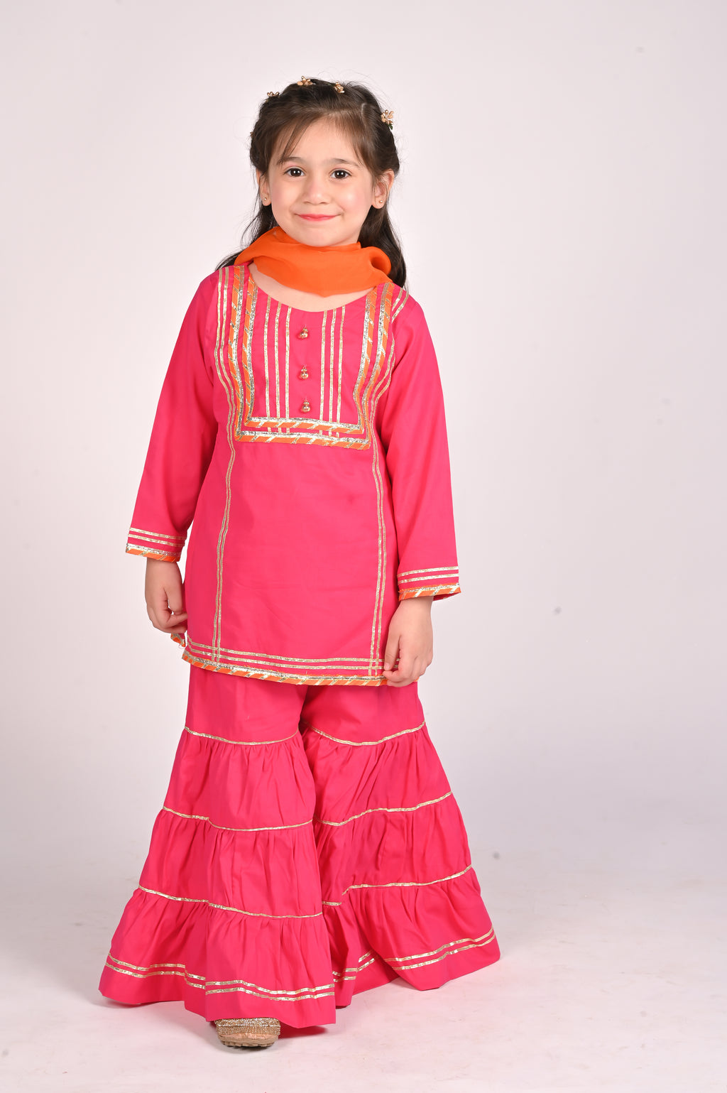 3 piece Shocking Pink Cotton Gharara Suit with Orange net Dupatta & Laces.(Stitch).