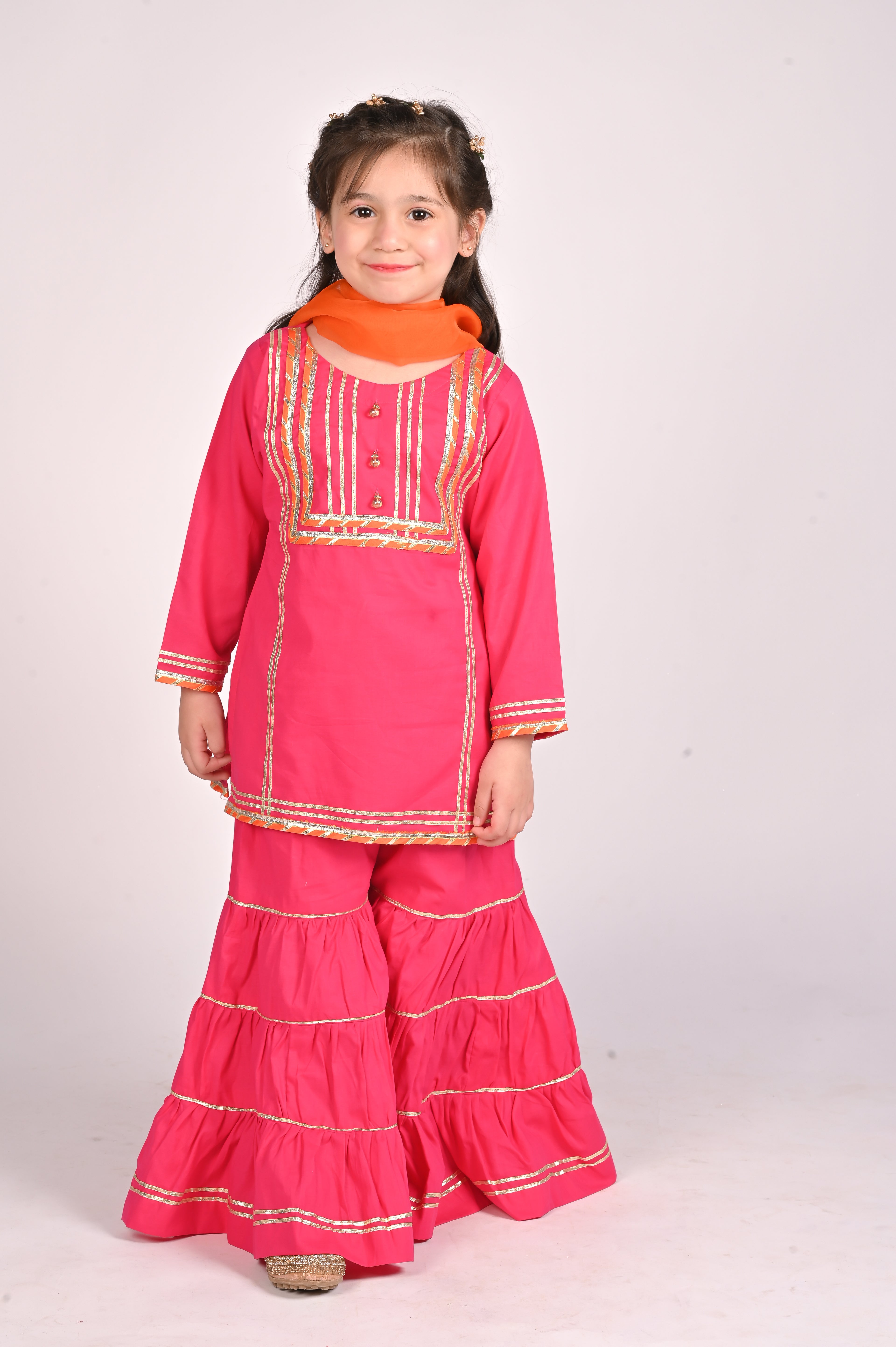 3 piece Shocking Pink Cotton Gharara Suit with Orange net Dupatta & Laces.(Stitch).