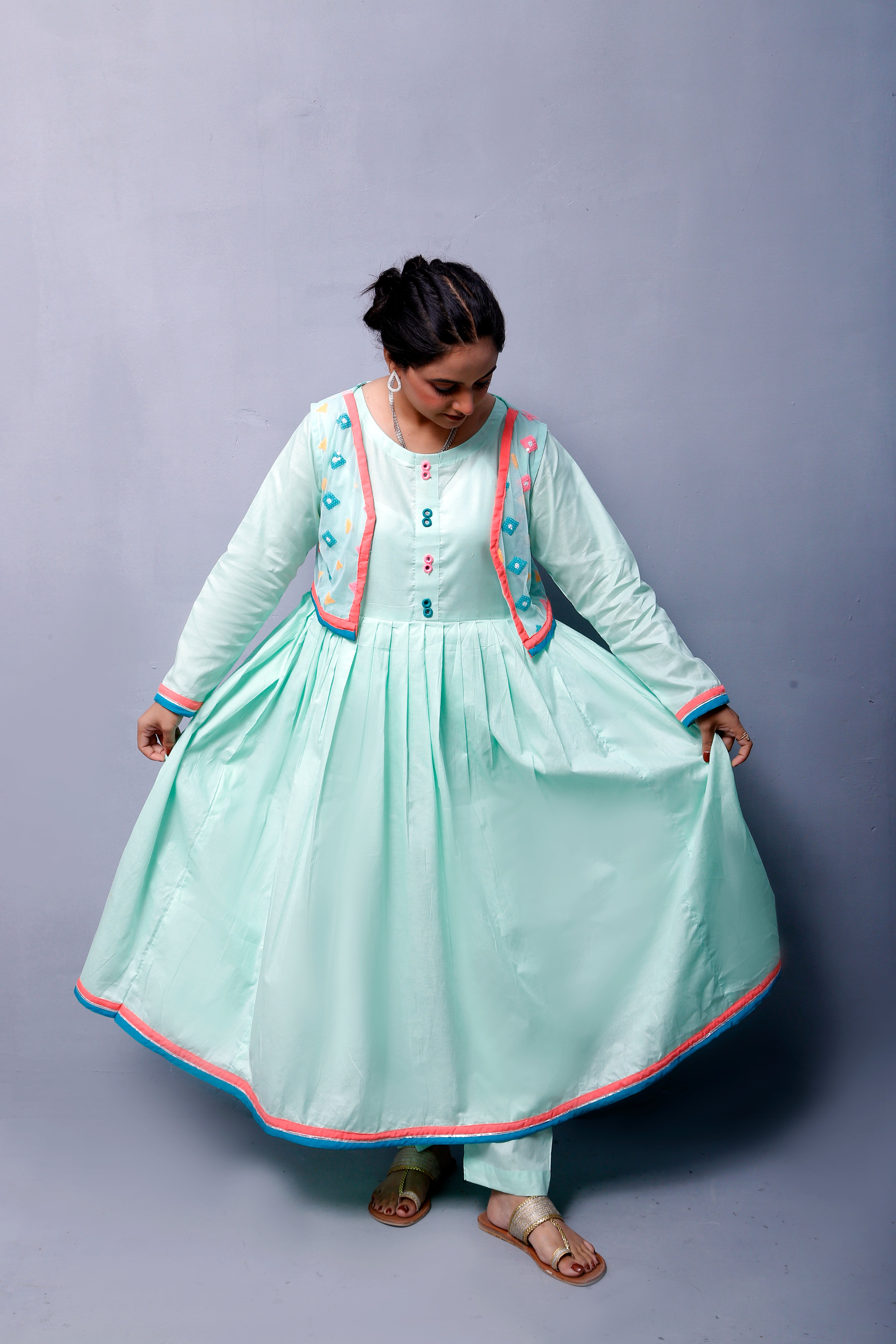 4 piece Stunning Cyan(Aqua Green) Cotton Frock with Multicolor Embroidered net Coati & Laces. (Stitch)