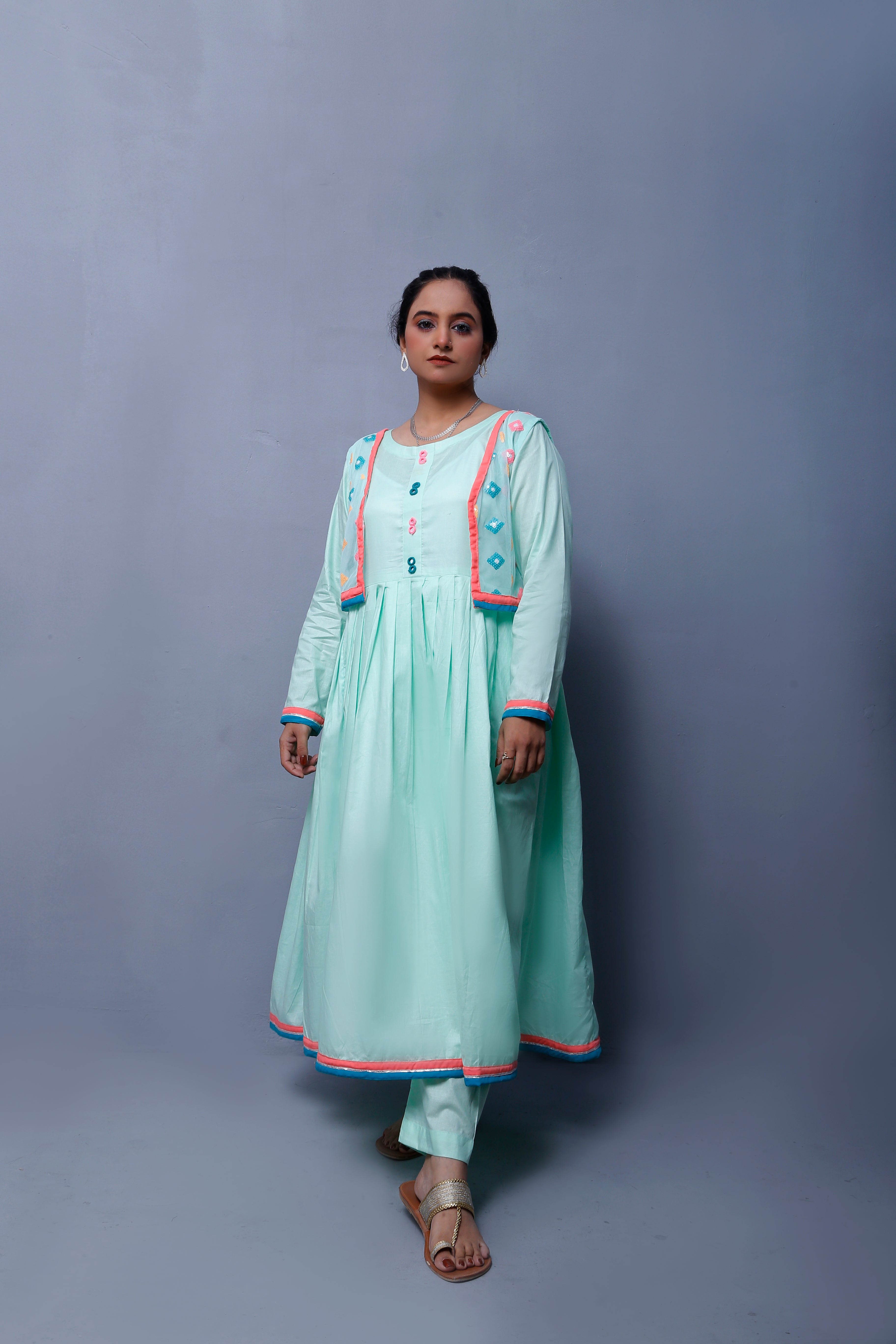 4 piece Stunning Cyan(Aqua Green) Cotton Frock with Multicolor Embroidered net Coati & Laces. (Stitch)