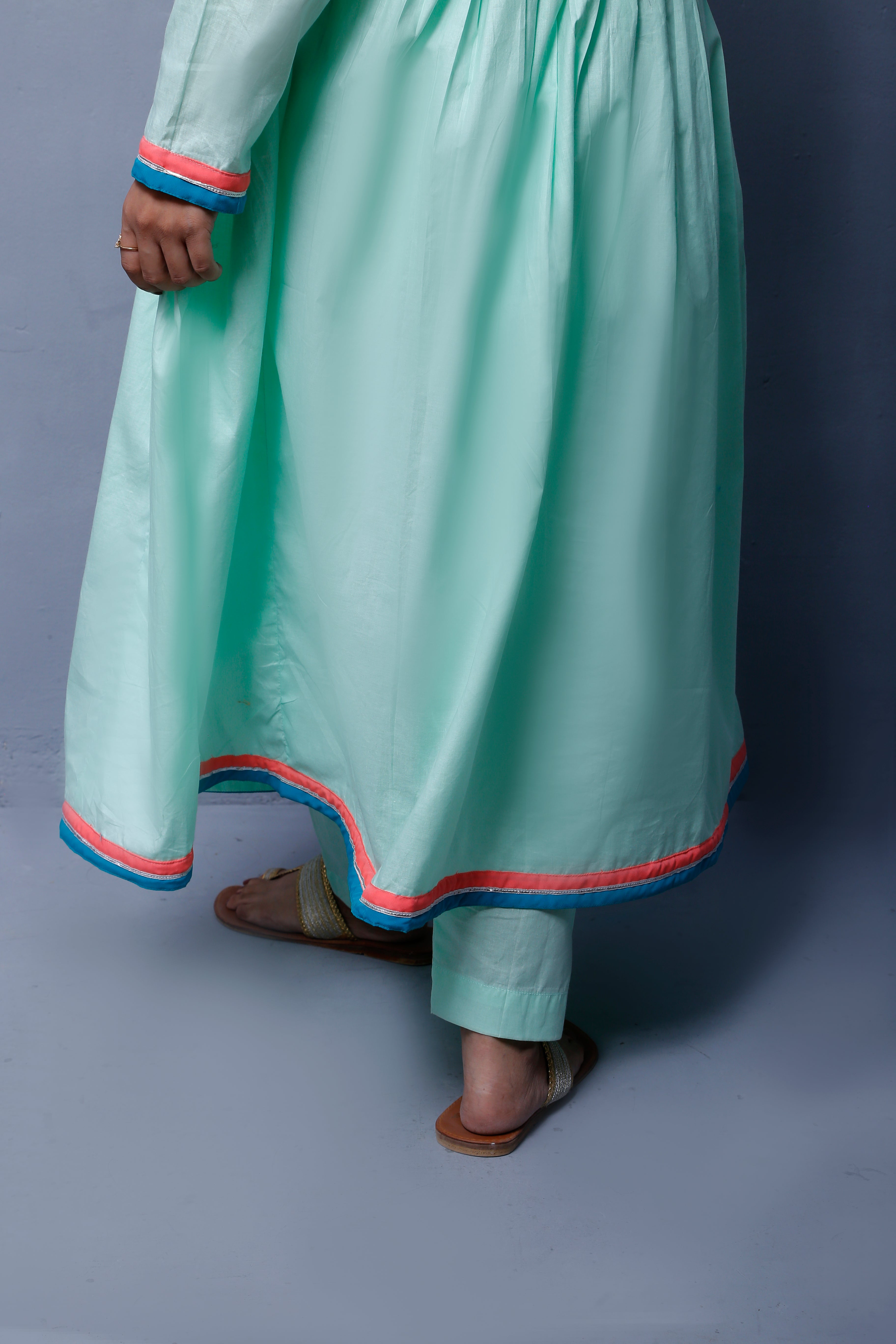 4 piece Stunning Cyan(Aqua Green) Cotton Frock with Multicolor Embroidered net Coati & Laces. (Stitch)
