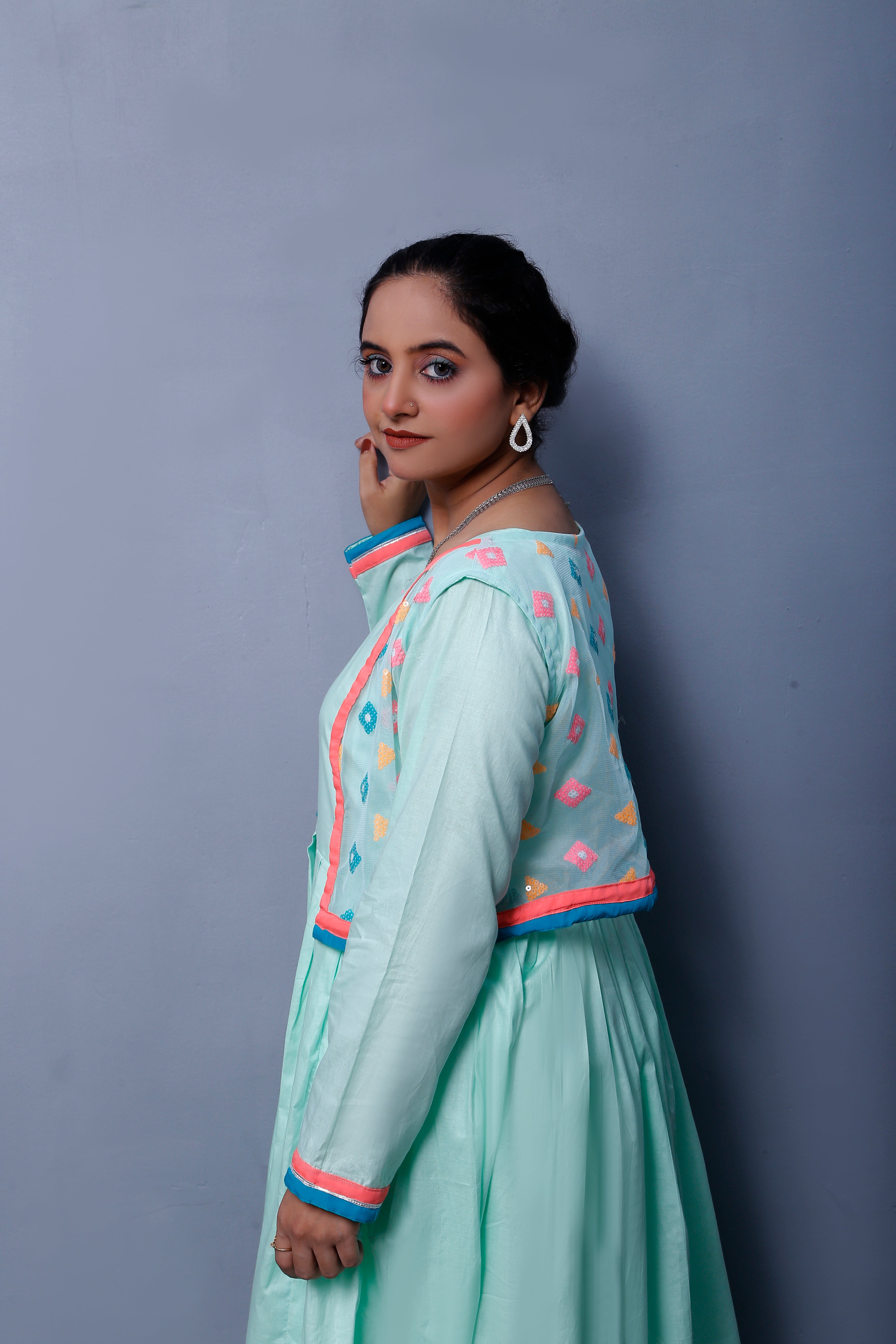 4 piece Stunning Cyan(Aqua Green) Cotton Frock with Multicolor Embroidered net Coati & Laces. (Stitch)
