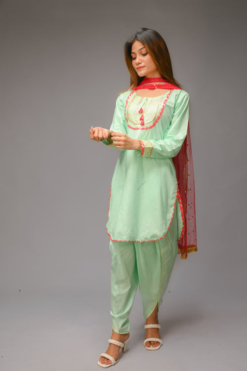 3 piece Aqua Green(Cyan) Cotton Tulip Suit with Carrot Pink net Dupatta & Golden Laces.(Stitch)