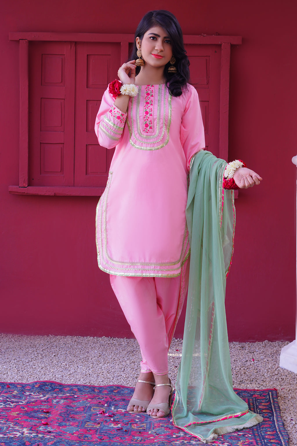 3 piece Baby Pink Embroidered Cotton Tulip Suit with Pistachio Green Chiffon Dupatta & Laces.(Stitch).
