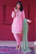 3 piece Baby Pink Embroidered Cotton Tulip Suit with Pistachio Green Chiffon Dupatta & Laces.(Stitch).