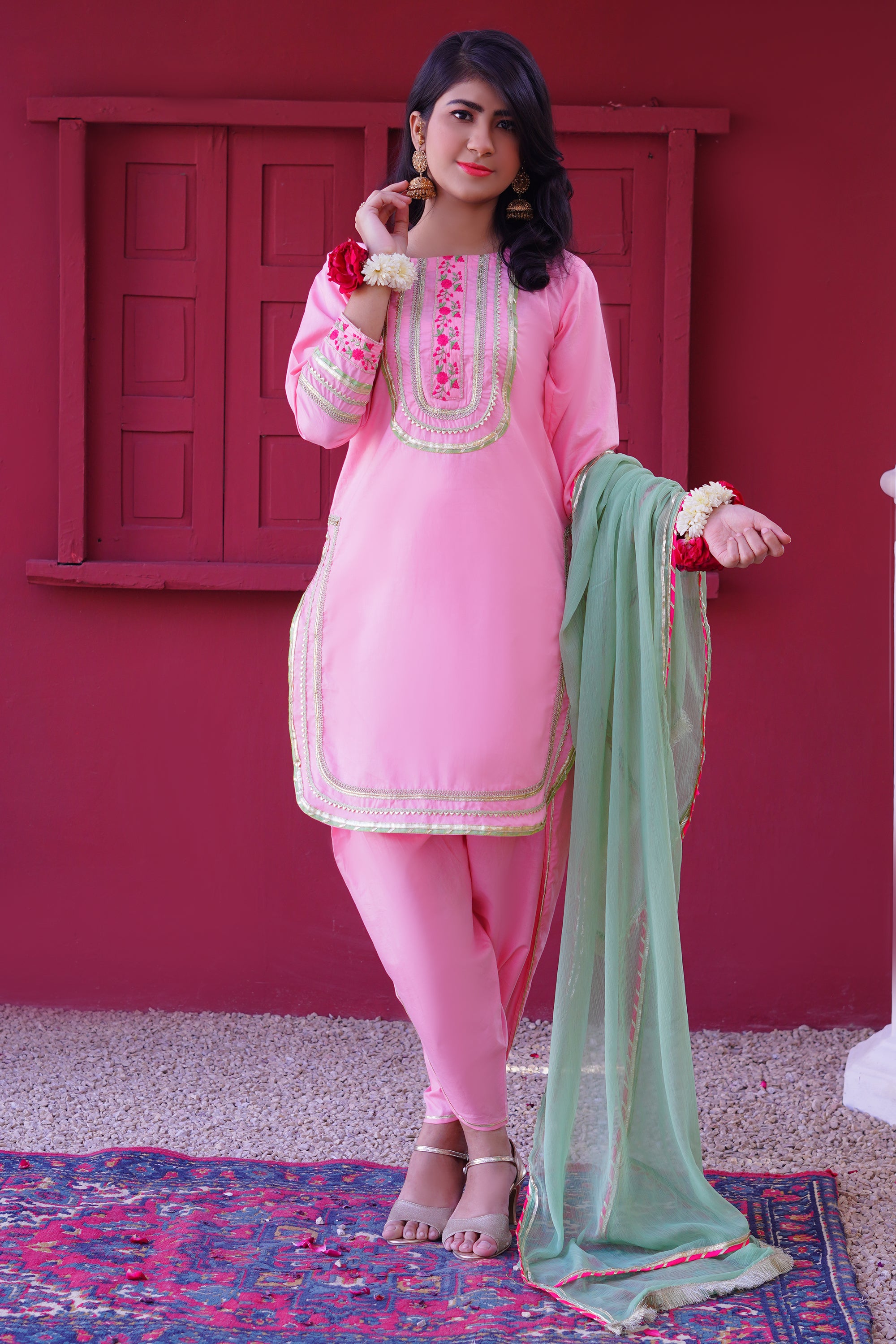 3 piece Baby Pink Embroidered Cotton Tulip Suit with Pistachio Green Chiffon Dupatta & Laces.(Stitch).