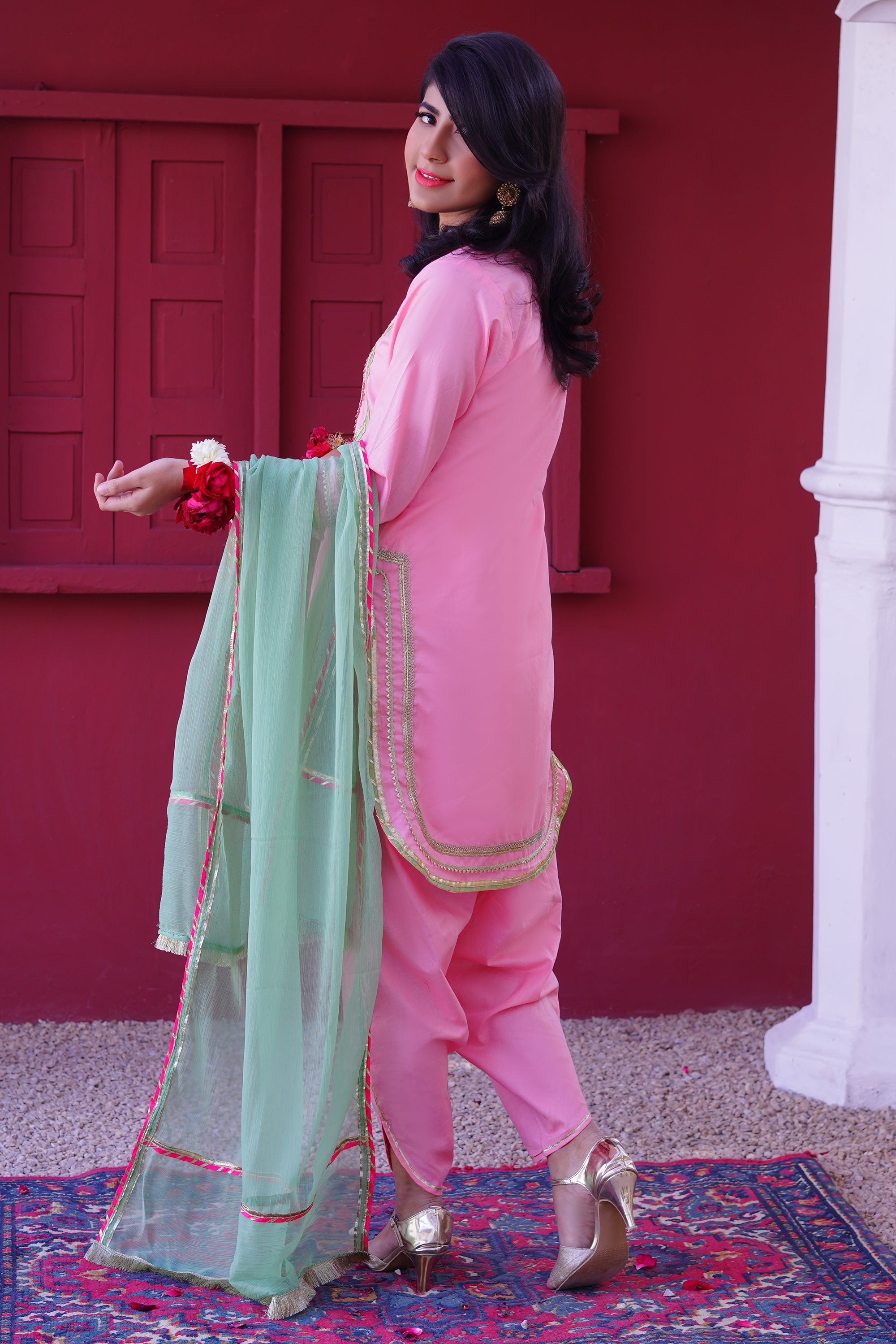 3 piece Baby Pink Embroidered Cotton Tulip Suit with Pistachio Green Chiffon Dupatta & Laces.(Stitch).