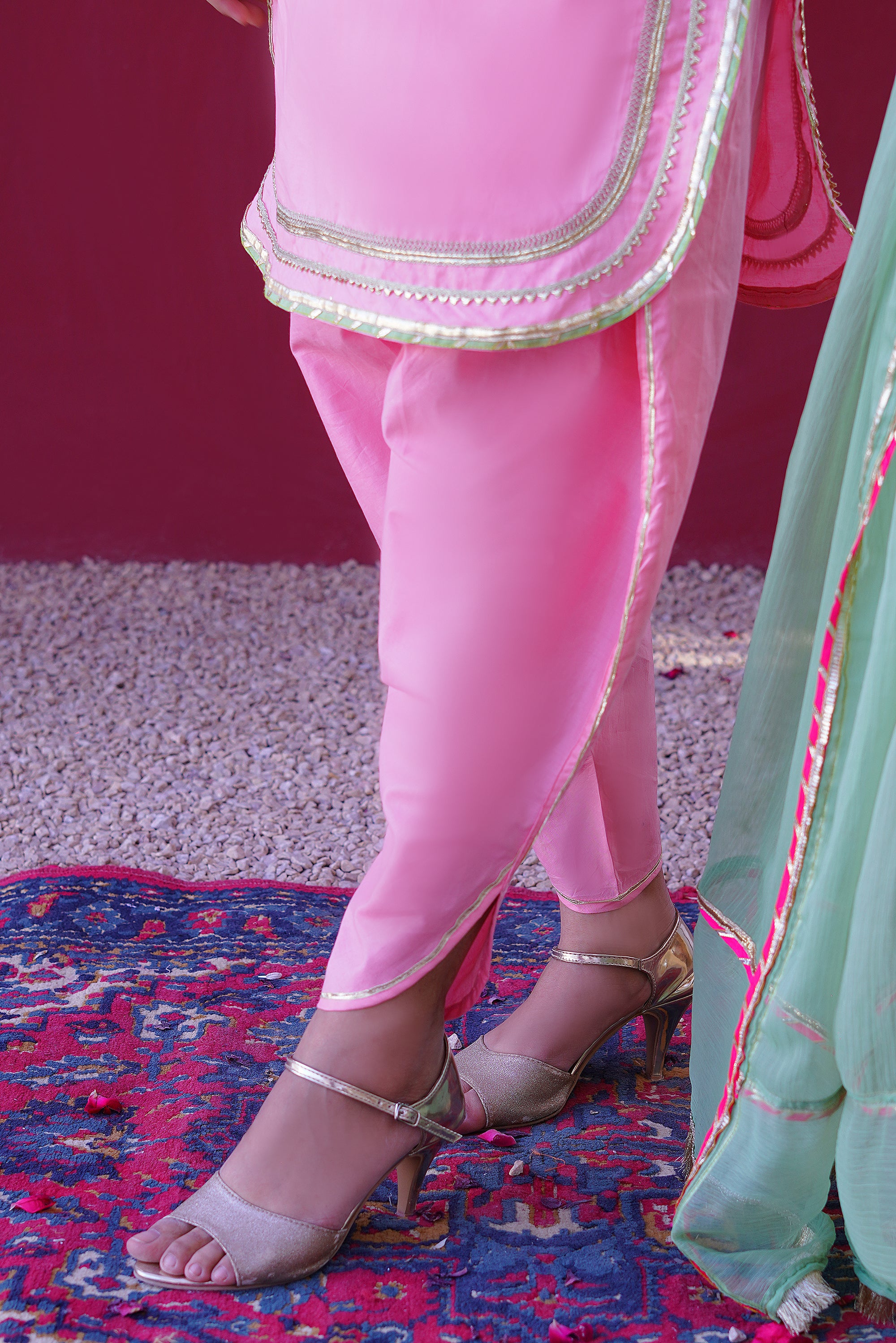 3 piece Baby Pink Embroidered Cotton Tulip Suit with Pistachio Green Chiffon Dupatta & Laces.(Stitch).