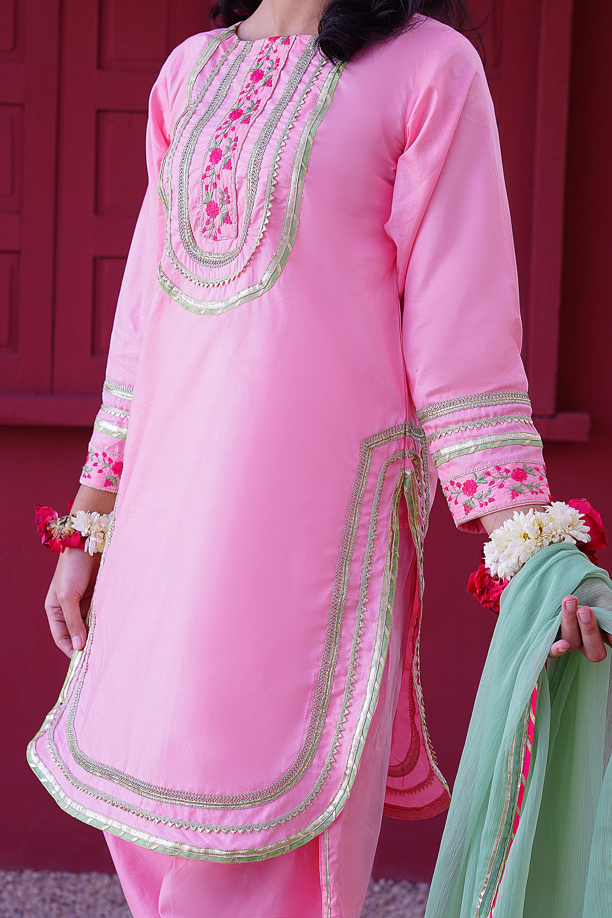 3 piece Baby Pink Embroidered Cotton Tulip Suit with Pistachio Green Chiffon Dupatta & Laces.(Stitch).
