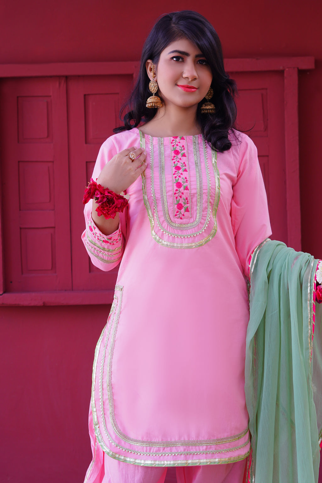 3 piece Baby Pink Embroidered Cotton Tulip Suit with Pistachio Green Chiffon Dupatta & Laces.(Stitch).