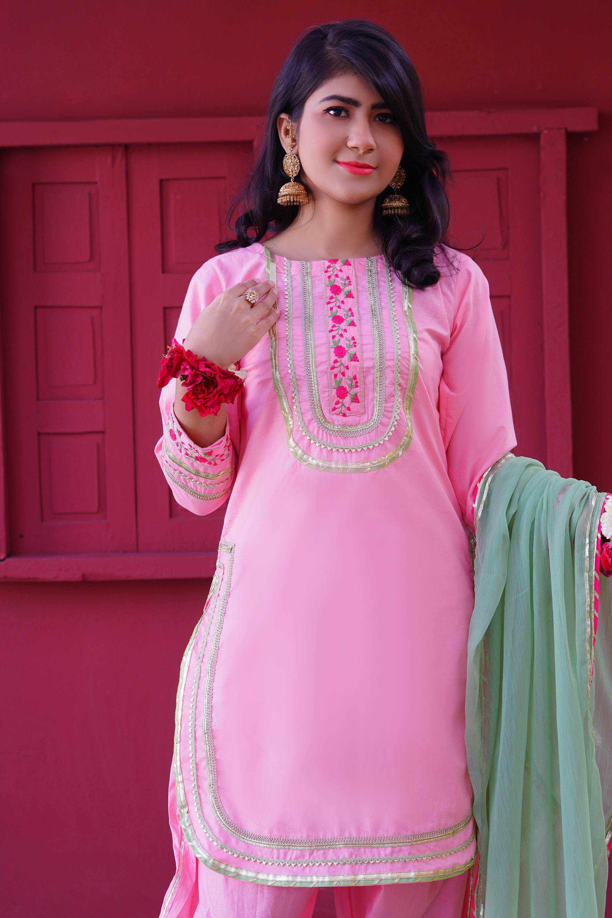 3 piece Baby Pink Embroidered Cotton Tulip Suit with Pistachio Green Chiffon Dupatta & Laces.(Stitch).