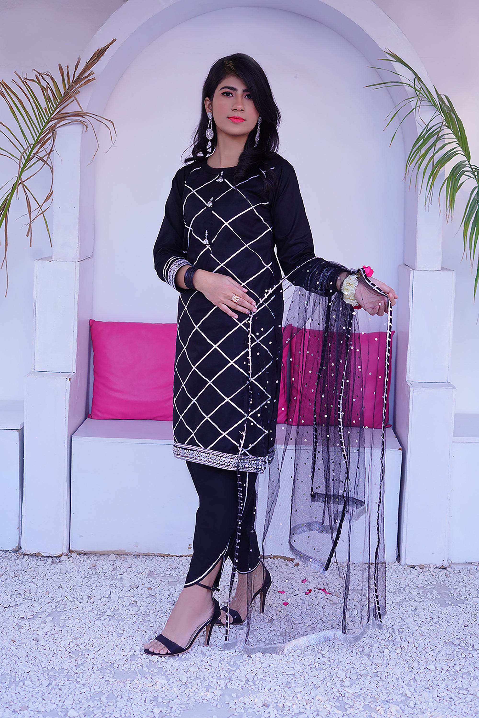 3 piece BLACK JET Cotton Tulip Suit with Black Silver net Dupatta & Silver Laces.(Stitch).