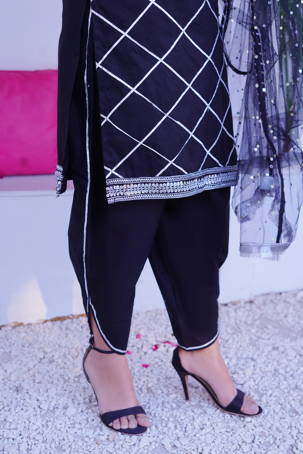 3 piece BLACK JET Cotton Tulip Suit with Black Silver net Dupatta & Silver Laces.(Stitch).