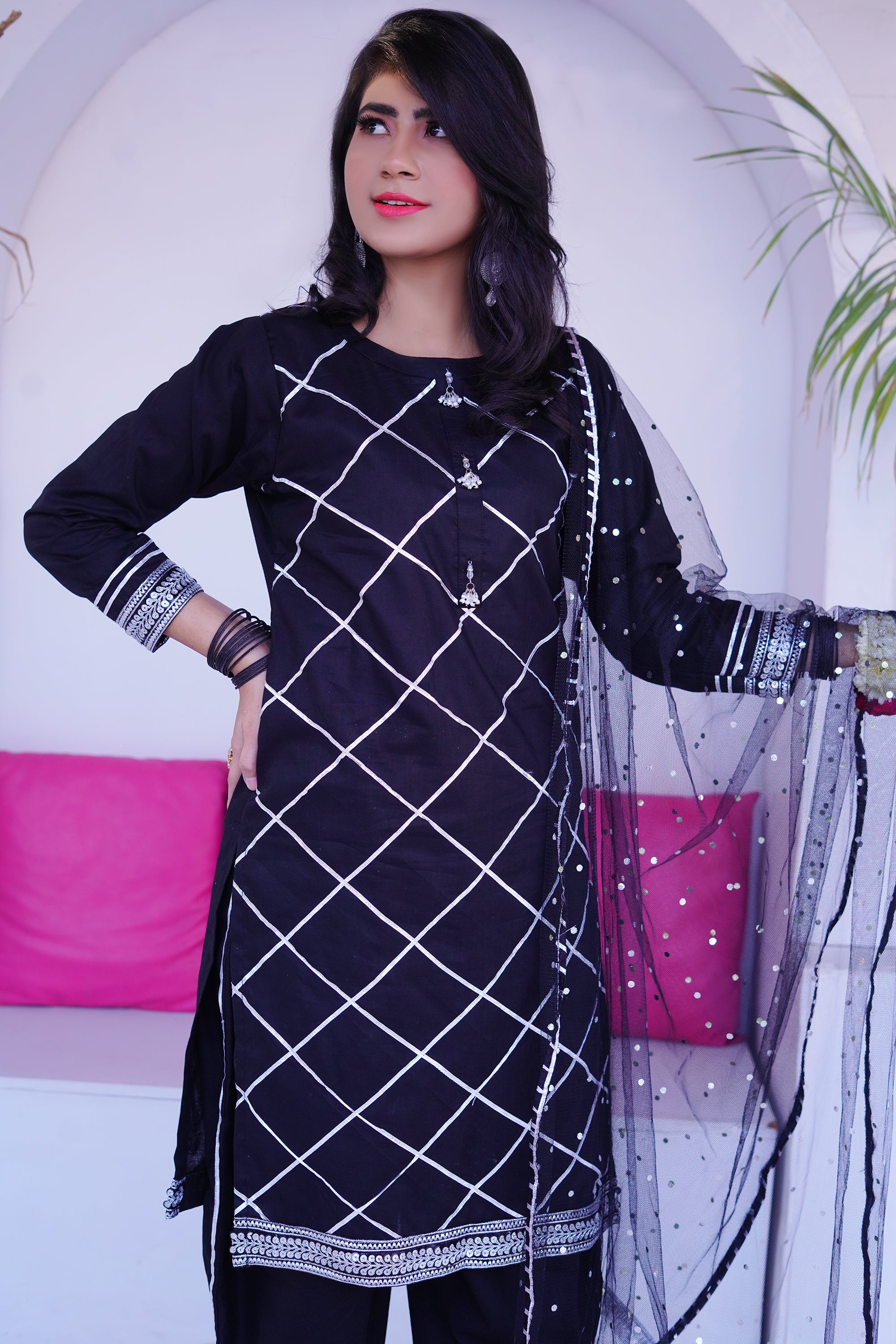 3 piece BLACK JET Cotton Tulip Suit with Black Silver net Dupatta & Silver Laces.(Stitch).
