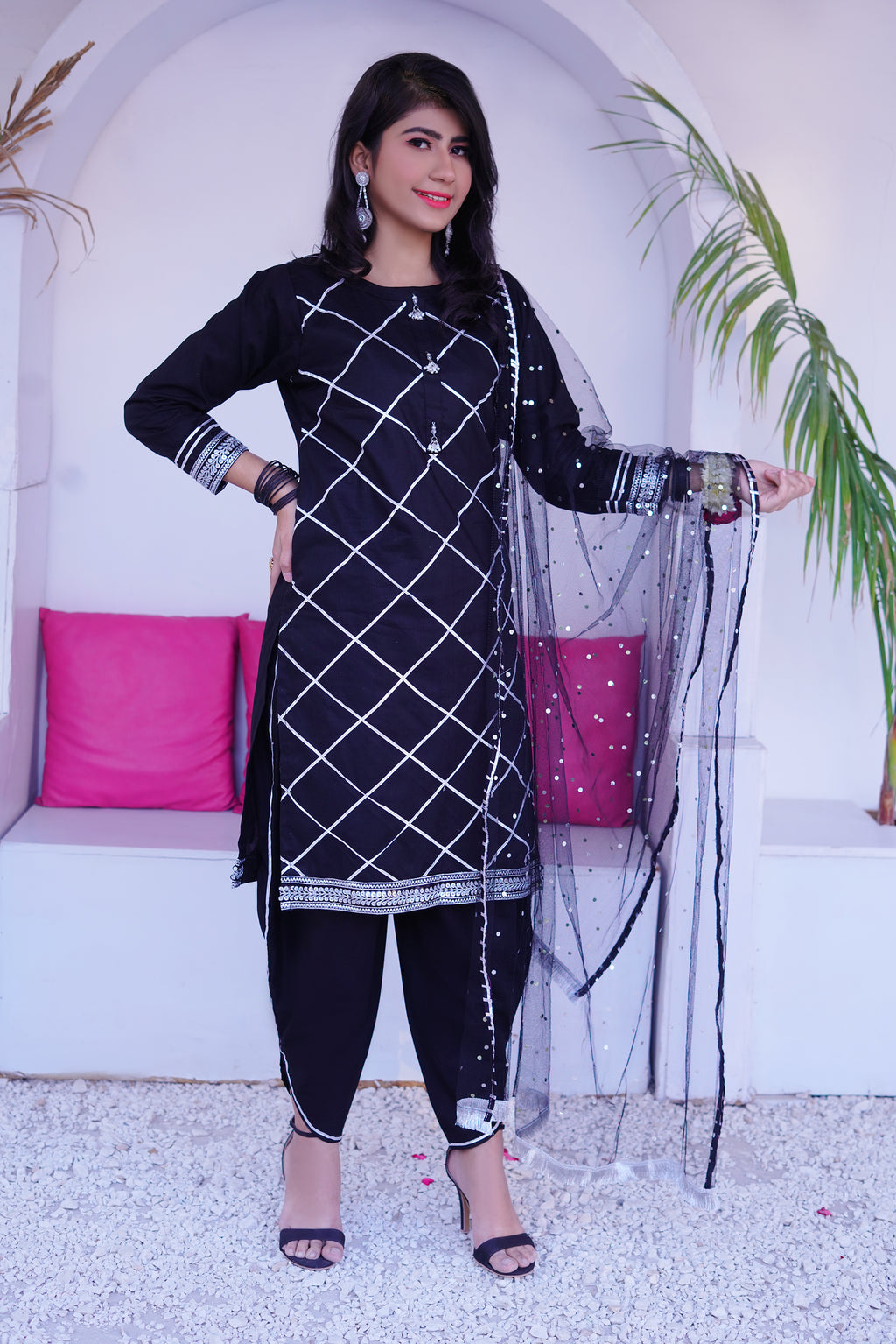 3 piece BLACK JET Cotton Tulip Suit with Black Silver net Dupatta & Silver Laces.(Stitch).
