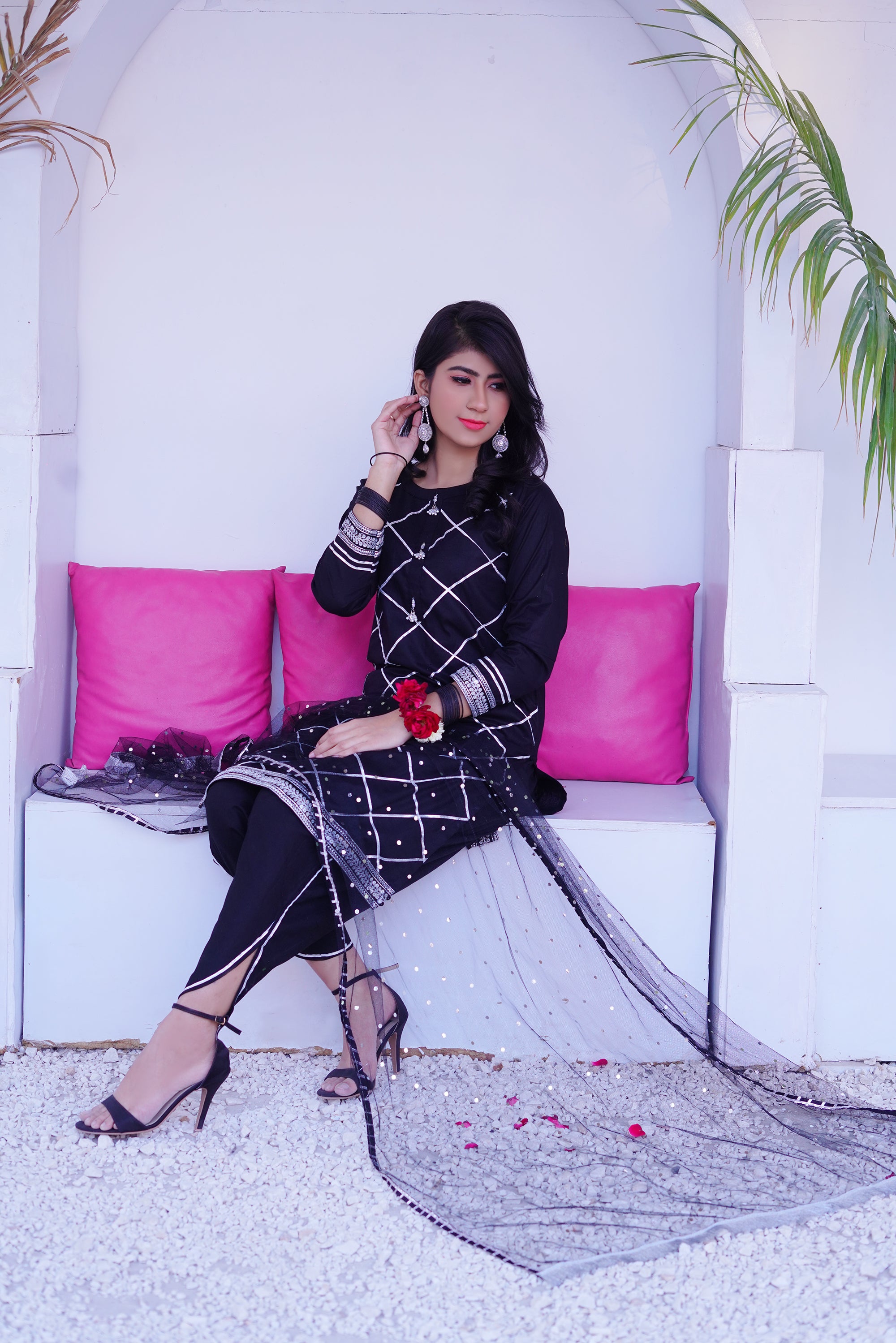 3 piece BLACK JET Cotton Tulip Suit with Black Silver net Dupatta & Silver Laces.(Stitch).
