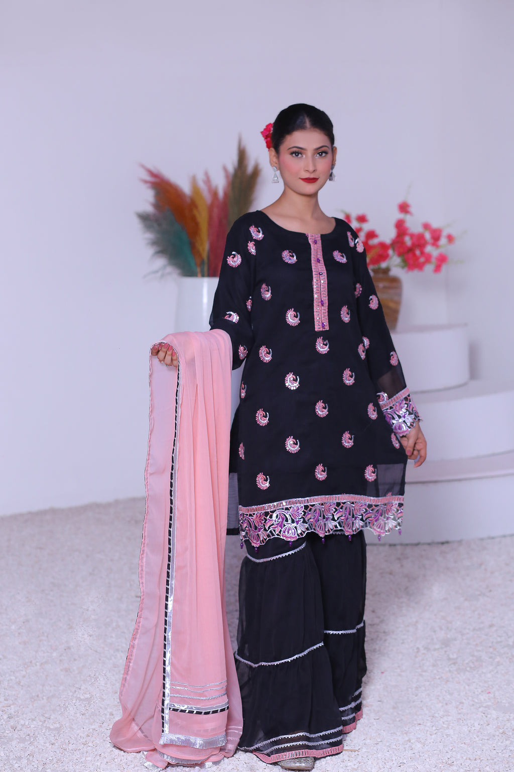 3 piece Black Embroidered Silver sequence Work Chiffon Gharara Suit with Baby Pink Chiffon Dupatta & Silver Laces with Purple Tusseles.(Stitch)
