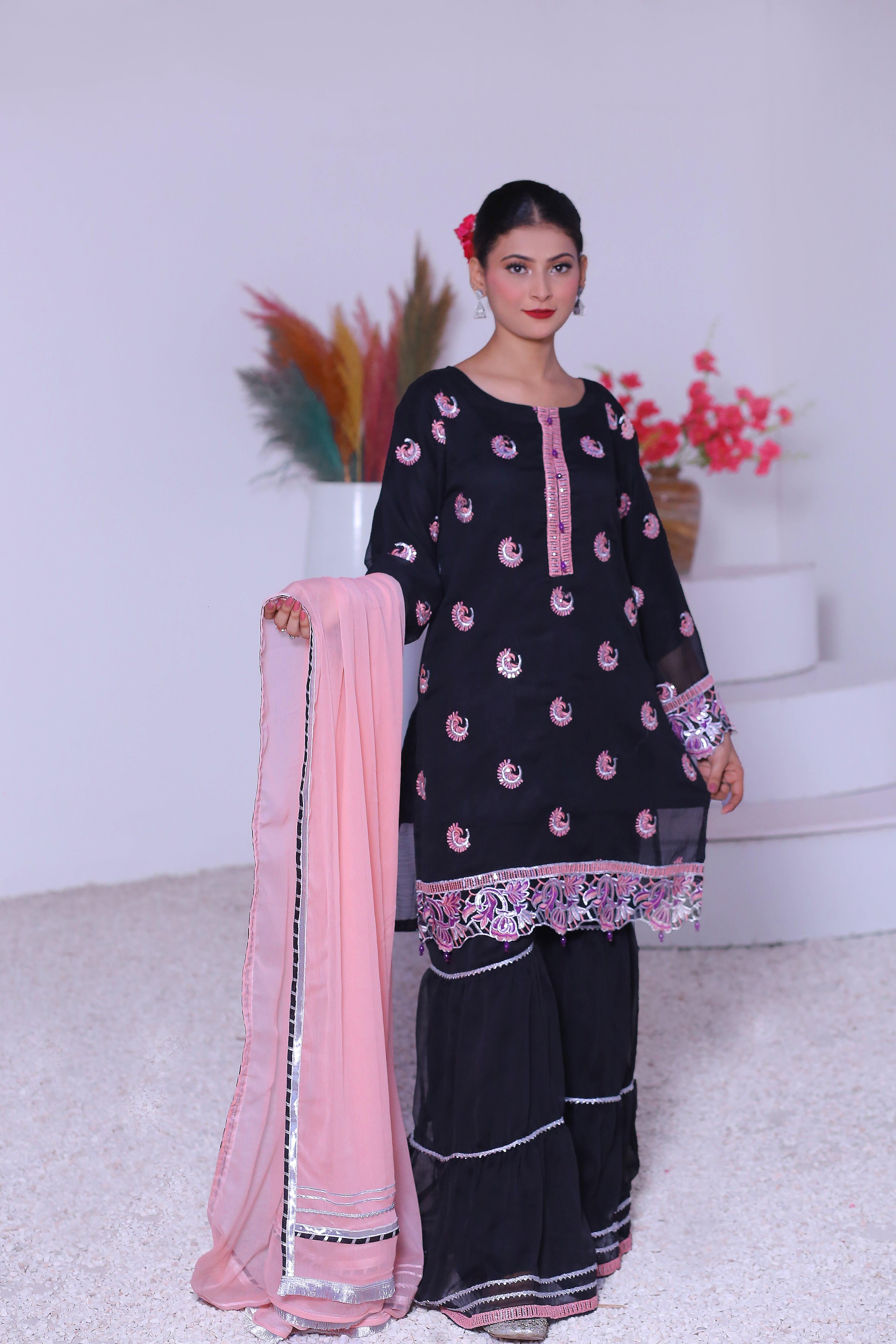 3 piece Black Embroidered Silver sequence Work Chiffon Gharara Suit with Baby Pink Chiffon Dupatta & Silver Laces with Purple Tusseles.(Stitch)