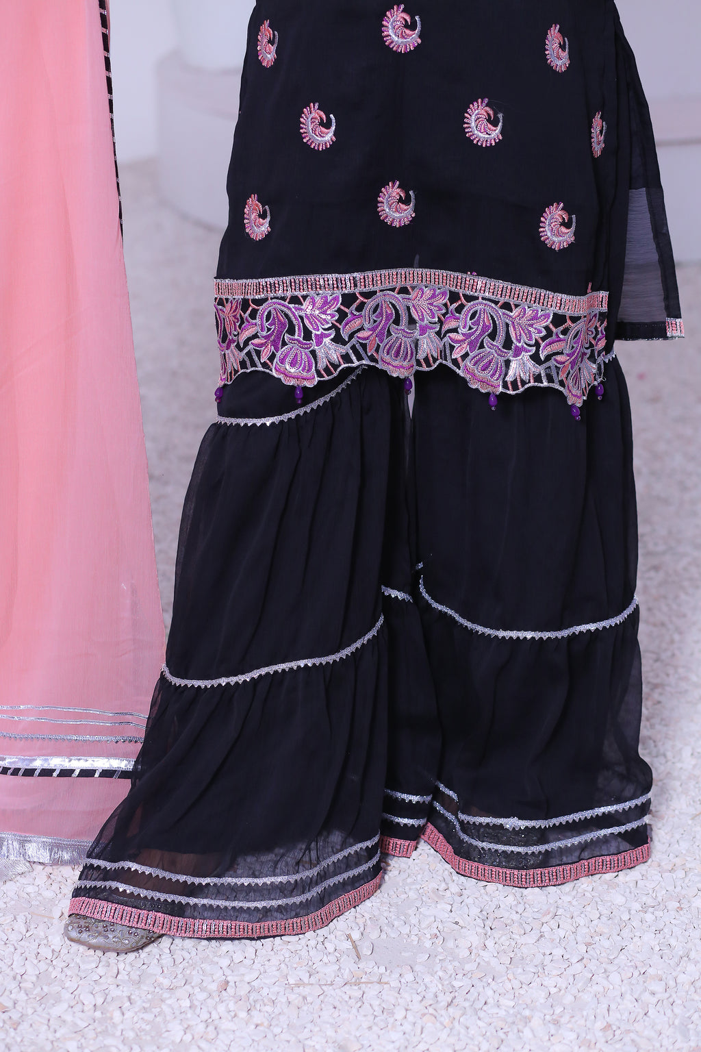 3 piece Black Embroidered Silver sequence Work Chiffon Gharara Suit with Baby Pink Chiffon Dupatta & Silver Laces with Purple Tusseles.(Stitch)