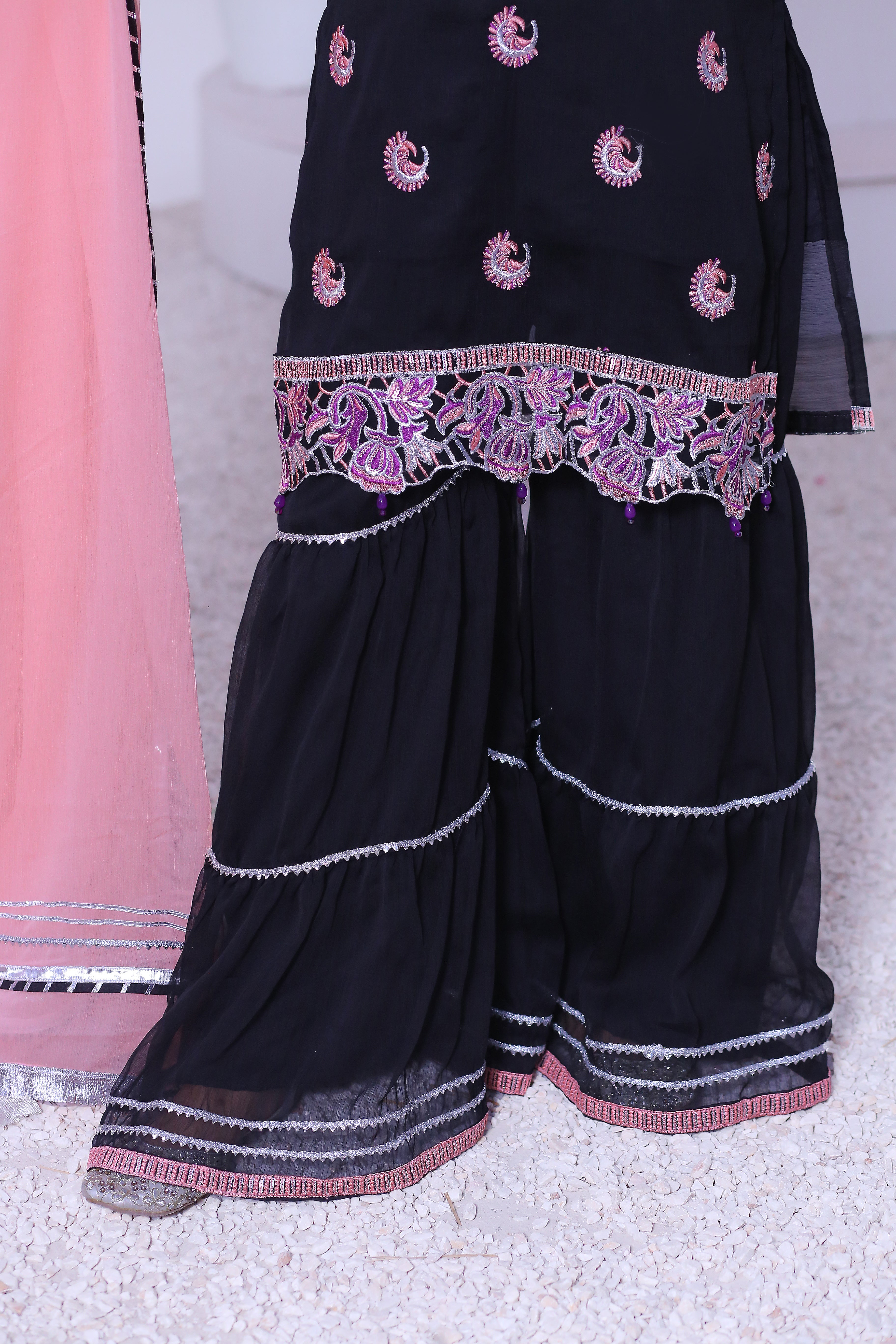 3 piece Black Embroidered Silver sequence Work Chiffon Gharara Suit with Baby Pink Chiffon Dupatta & Silver Laces with Purple Tusseles.(Stitch)