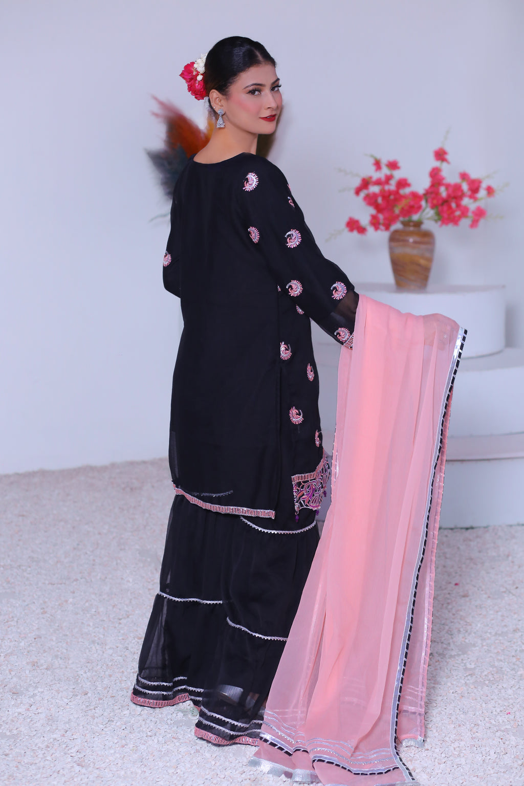 3 piece Black Embroidered Silver sequence Work Chiffon Gharara Suit with Baby Pink Chiffon Dupatta & Silver Laces with Purple Tusseles.(Stitch)