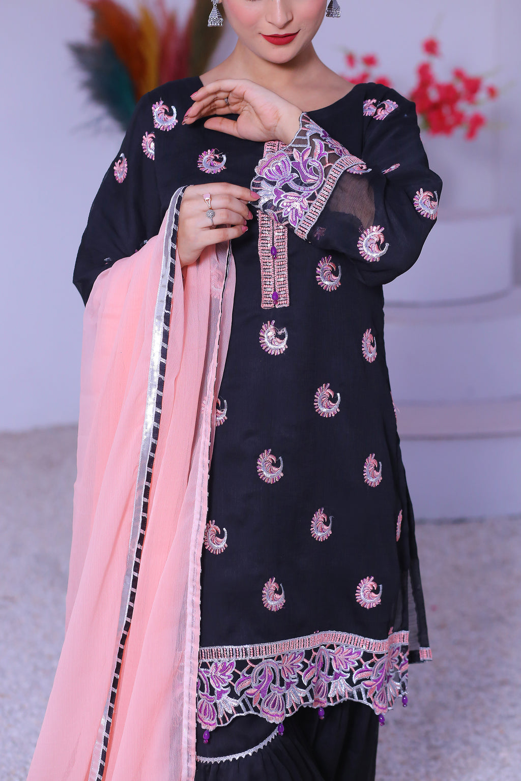 3 piece Black Embroidered Silver sequence Work Chiffon Gharara Suit with Baby Pink Chiffon Dupatta & Silver Laces with Purple Tusseles.(Stitch)