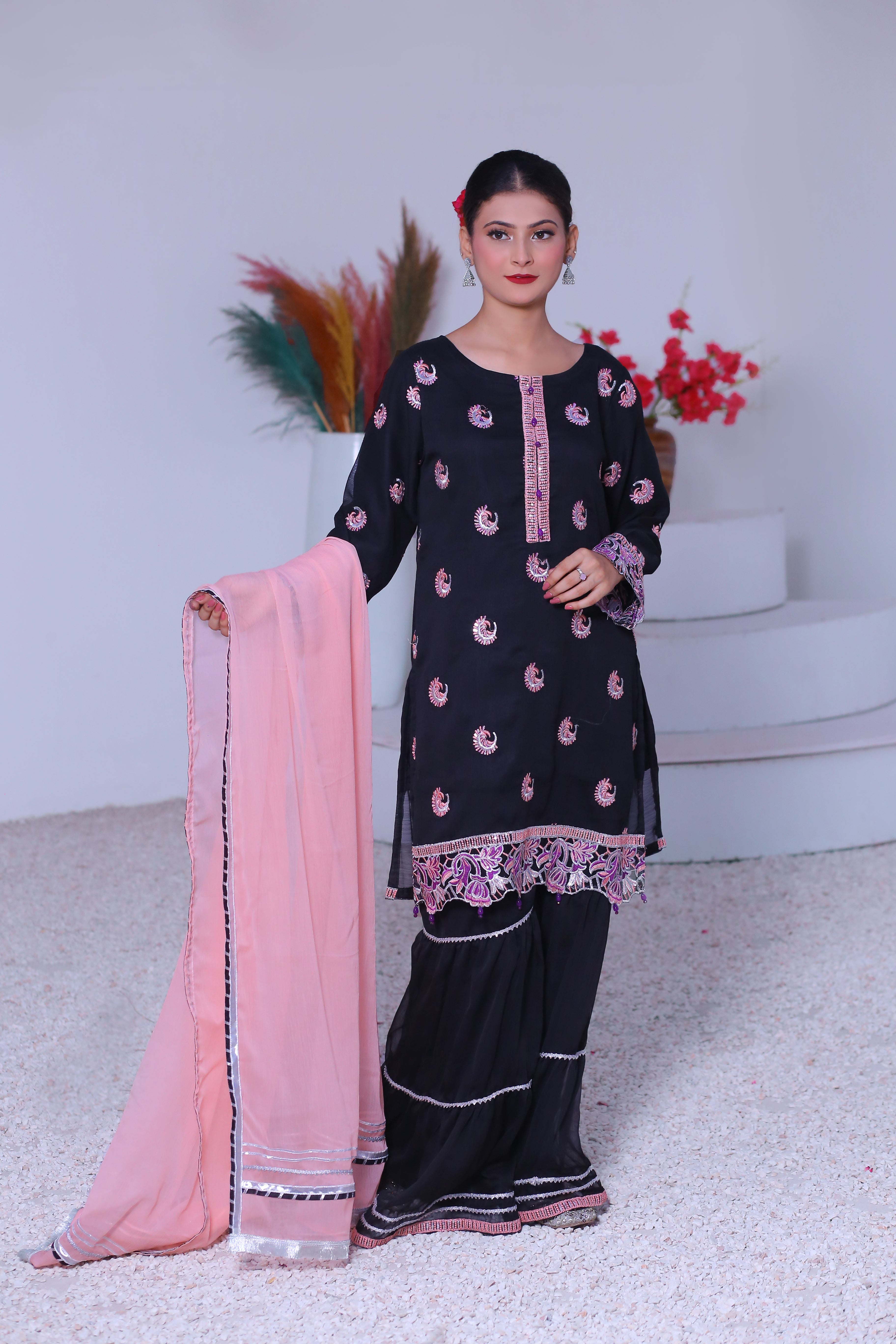 3 piece Black Embroidered Silver sequence Work Chiffon Gharara Suit with Baby Pink Chiffon Dupatta & Silver Laces with Purple Tusseles.(Stitch)